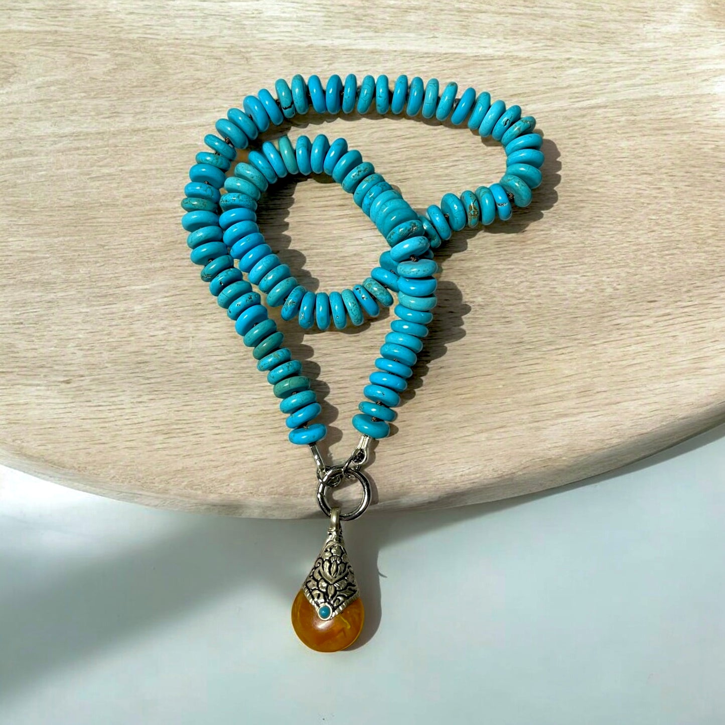 Desert Sky Necklace: Quality Natural Turquoise Hand-knotted on Deep Brown Silk w Pendant Wear 2 Ways