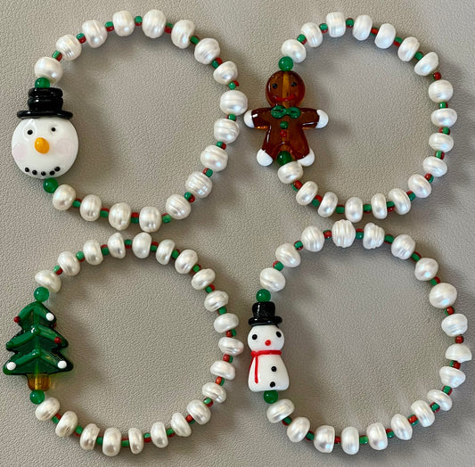 Holiday Snowball Bracelets: Hand painted glass centerpiece on a Freshwater Pearl stretch bracelet FREE SHIPPING