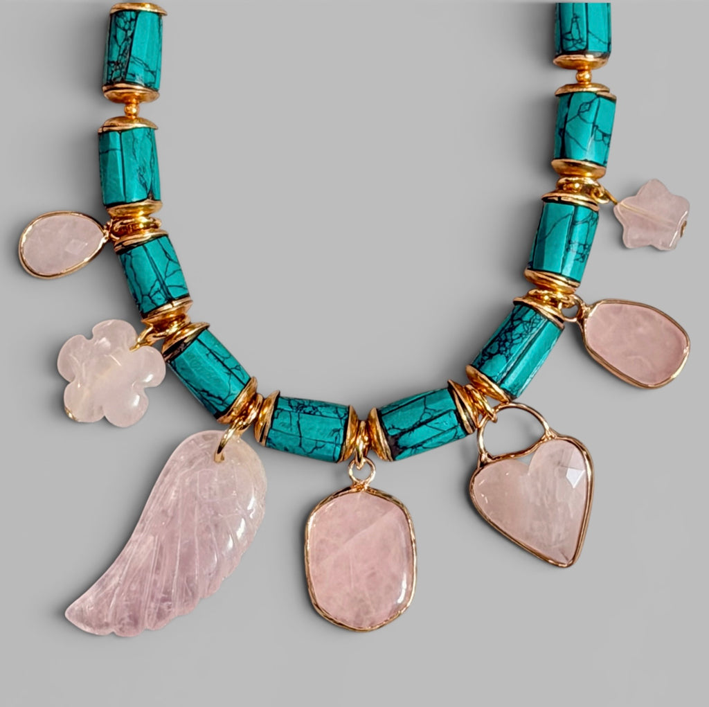 Good Fortune Necklace: Inlaid Turquoise with Rose Quartz Charms