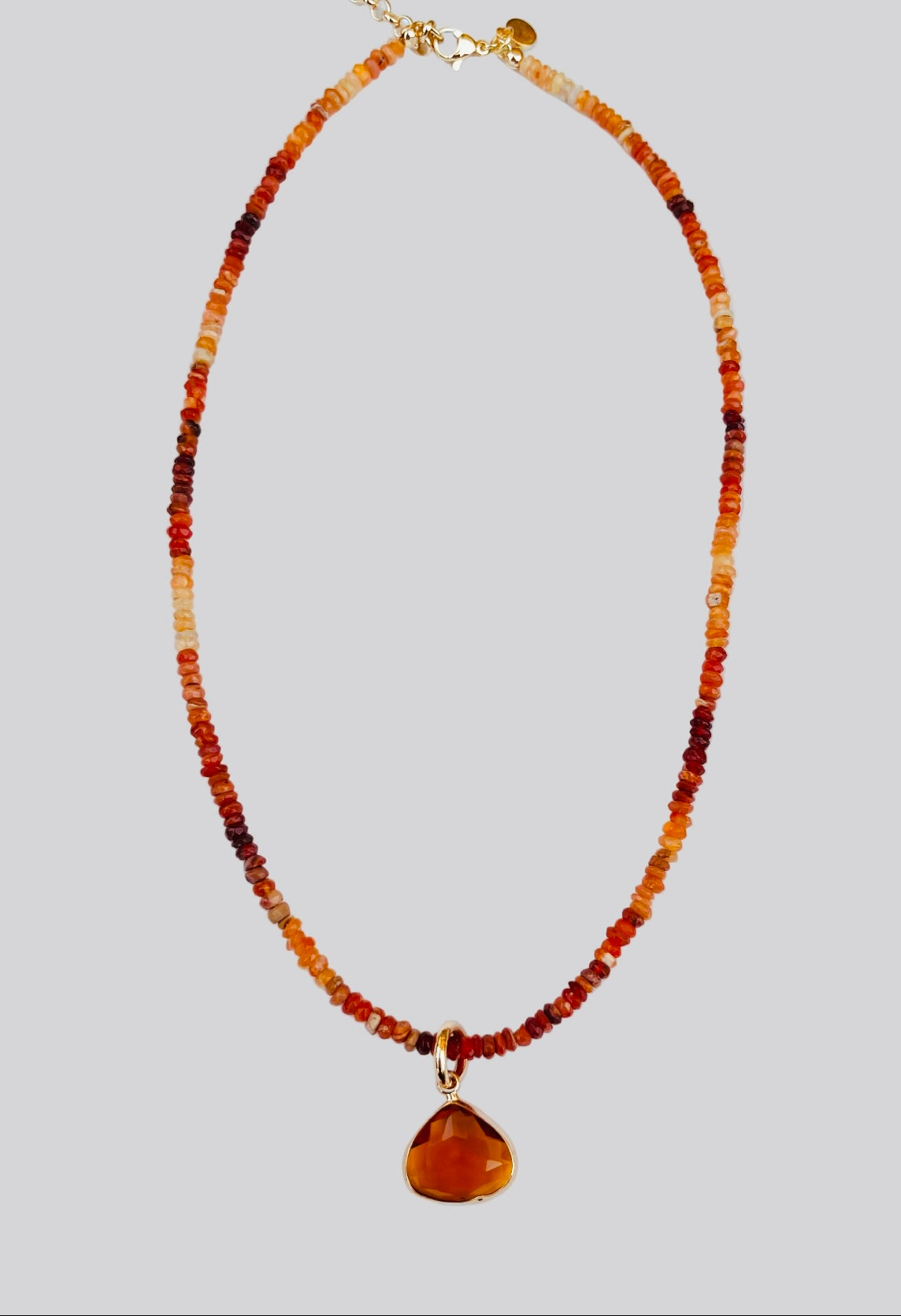 Ethiopian Fire Opal Necklace with Orange Crystal Charm & Gold Filled Clasp