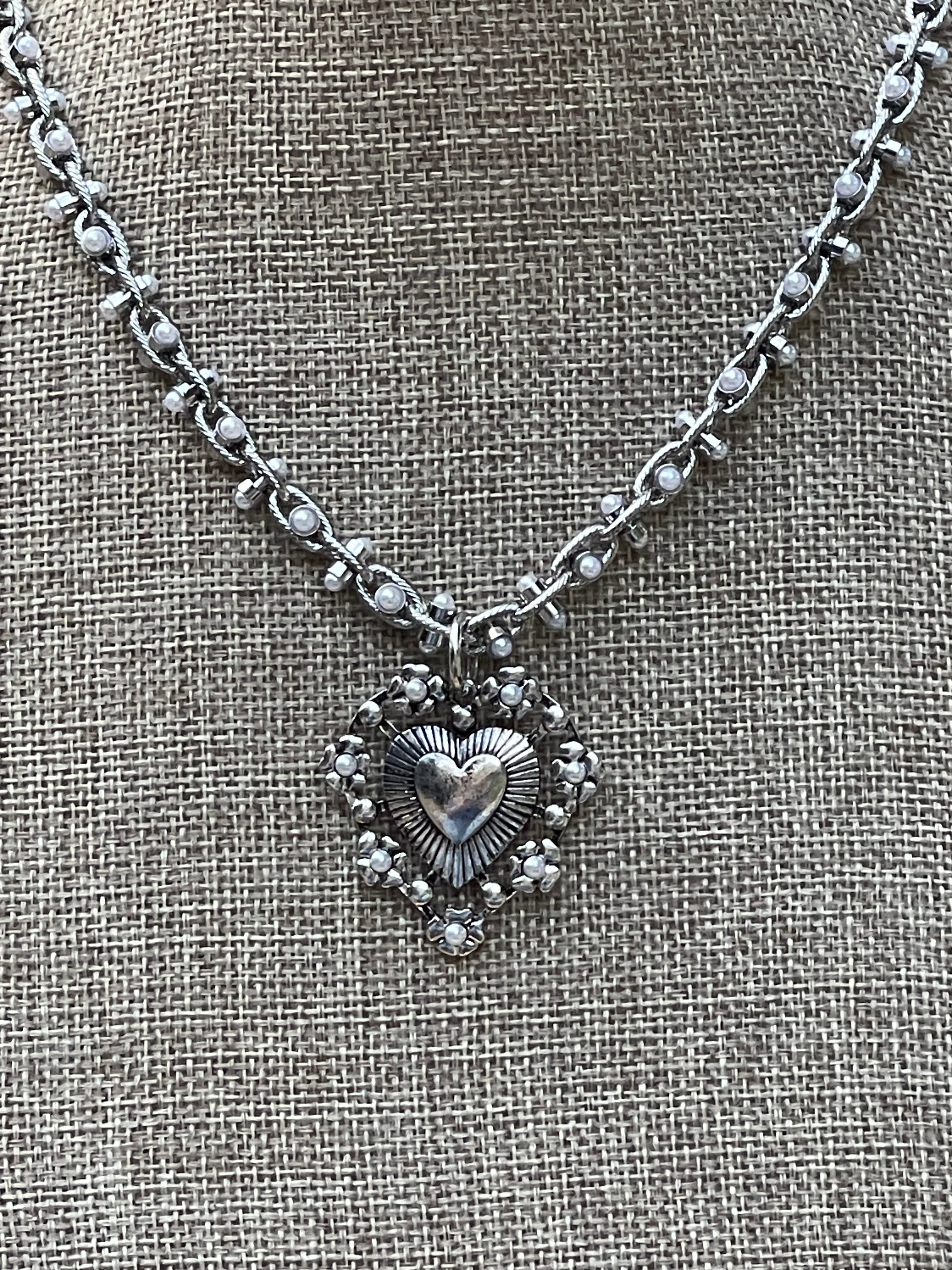 Bold Bijoux in Silver Necklace: Rhodium Silver throughout Pearly chain Statement heart
