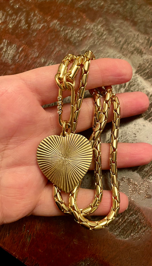 OOAK Art Deco Heart Necklace: Thick Cobra chain made of high quality tarnish resistant gold plated brass, features a gorgeous Art Deco heart pendant. Gold Filled Push gate clasp with 4 Bezel set Cubic Zirconia accent stones