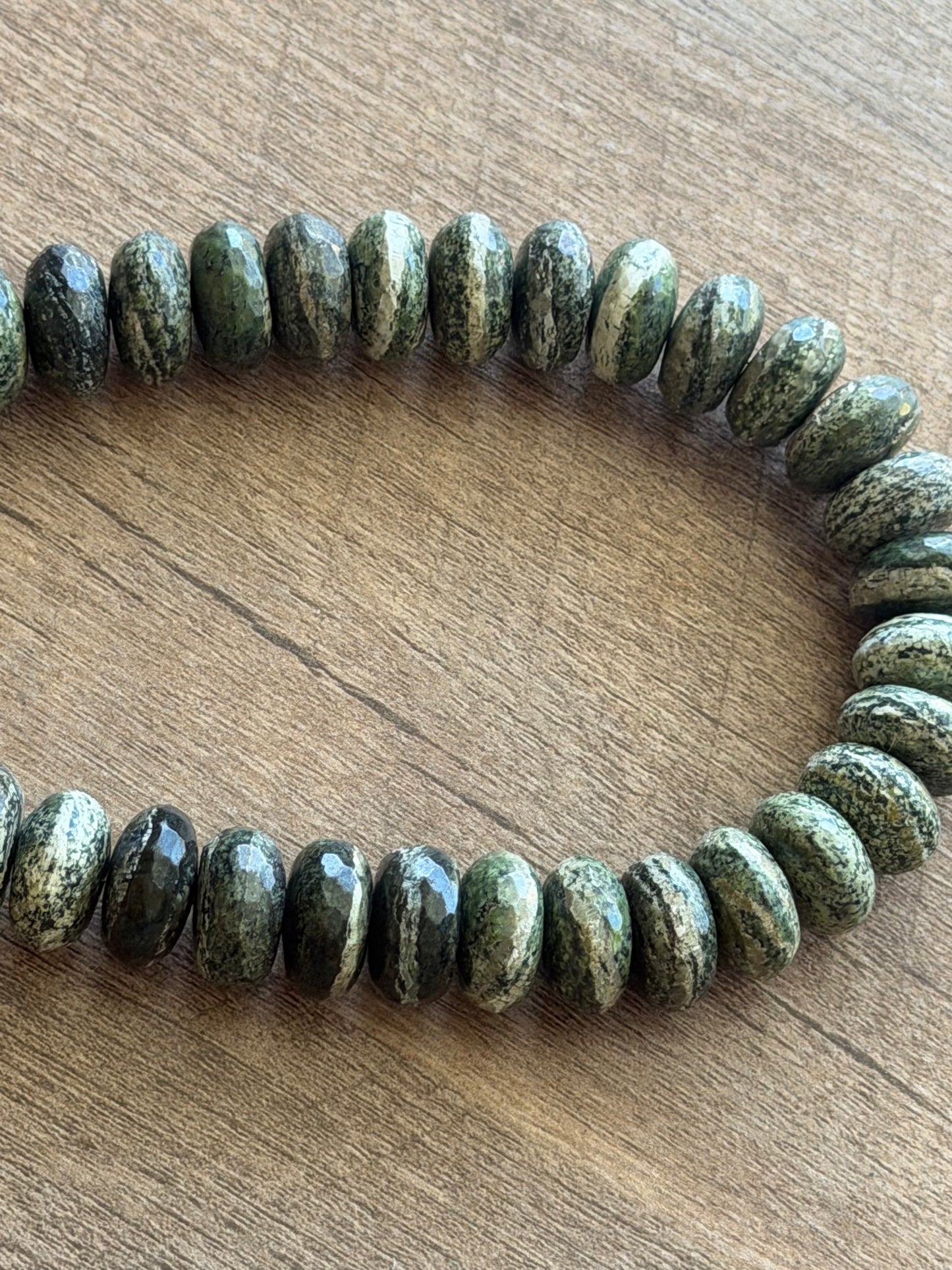 Brazilian Silver Leaf Serpentine Necklace: Stunning green gemstone beads•Oversized gold toggle clasp•OOAK