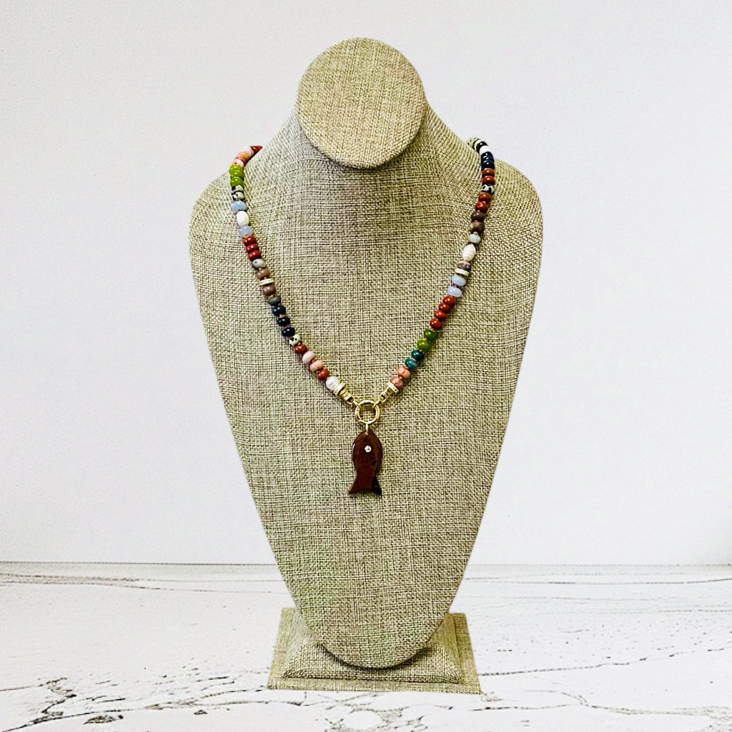 Reel Beauty 🎣 Mixed Gemstone necklace with Gold accents Gemstone fish pendant 4 options