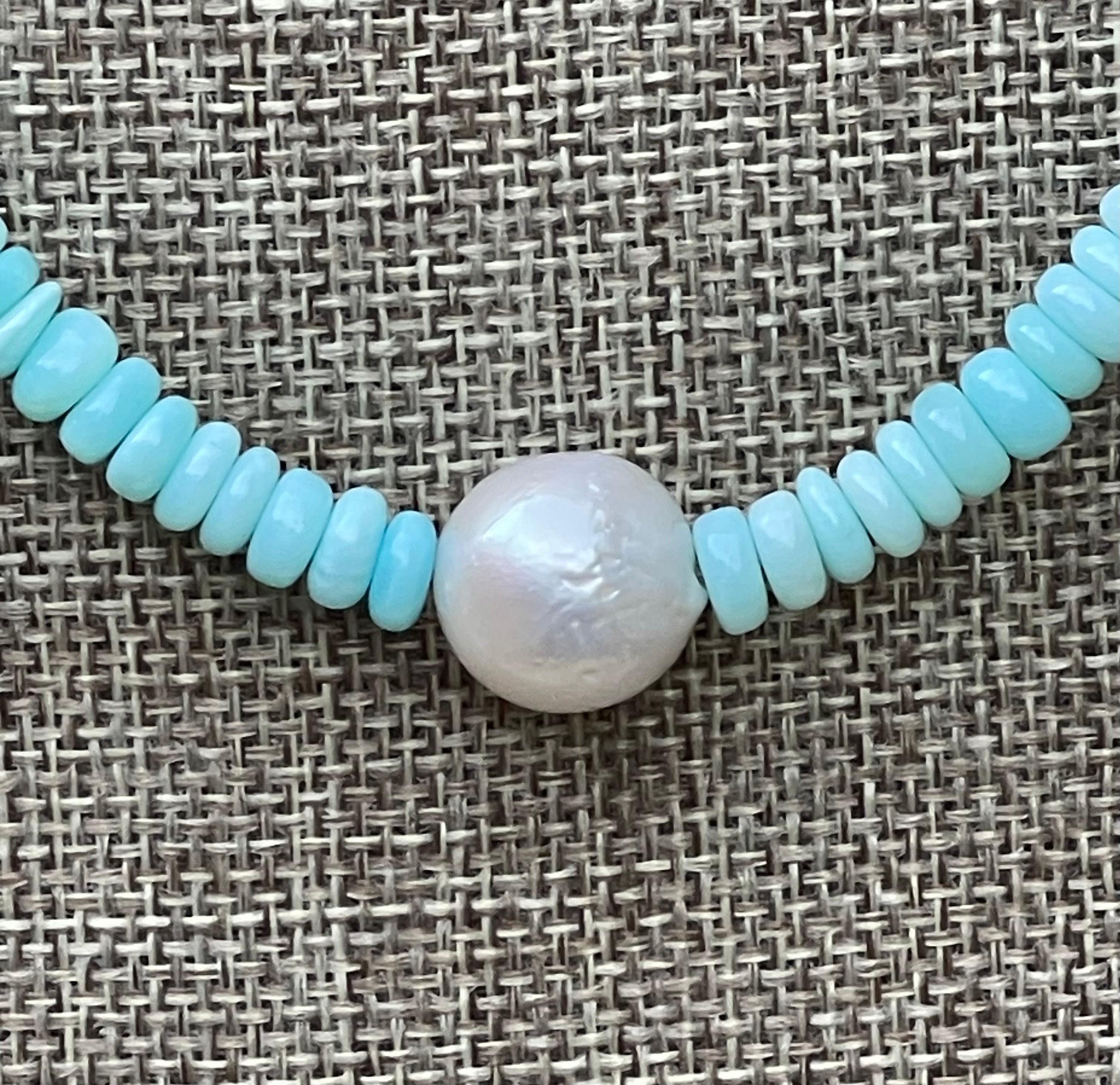 Abalone Hearts Necklace:Peruvian blue &white Opals Abalone shell 🩵 Baroque Pearl OOAK
