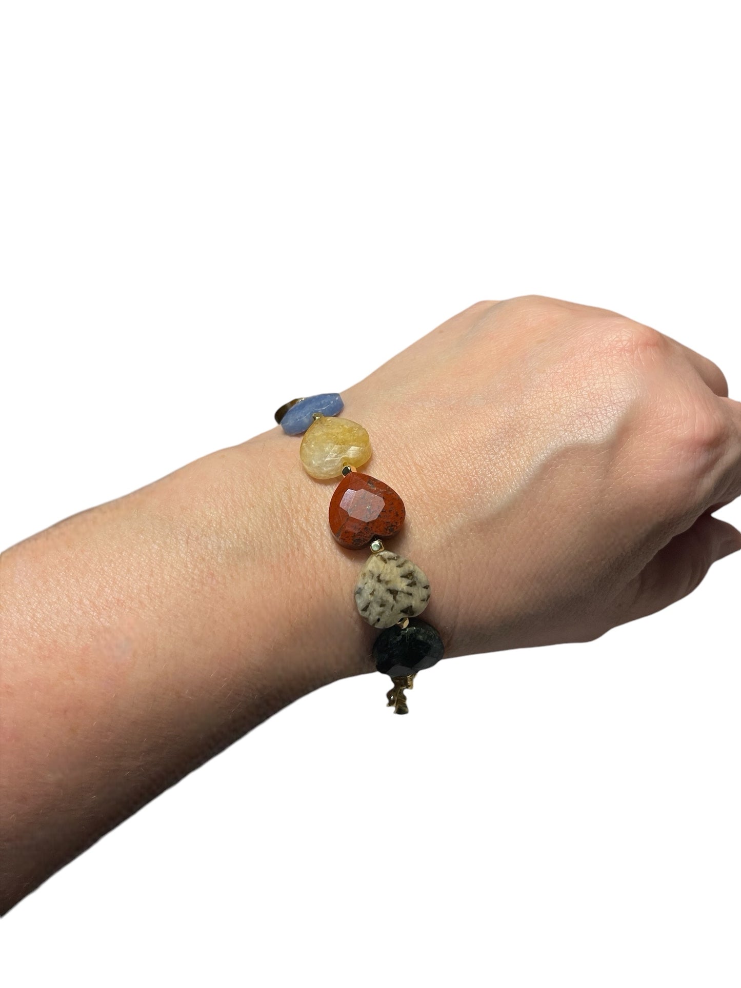 The Stone Mountain Bracelet: Mixed Natural Stone Faceted Heart Beads with Gold or Silver Accents