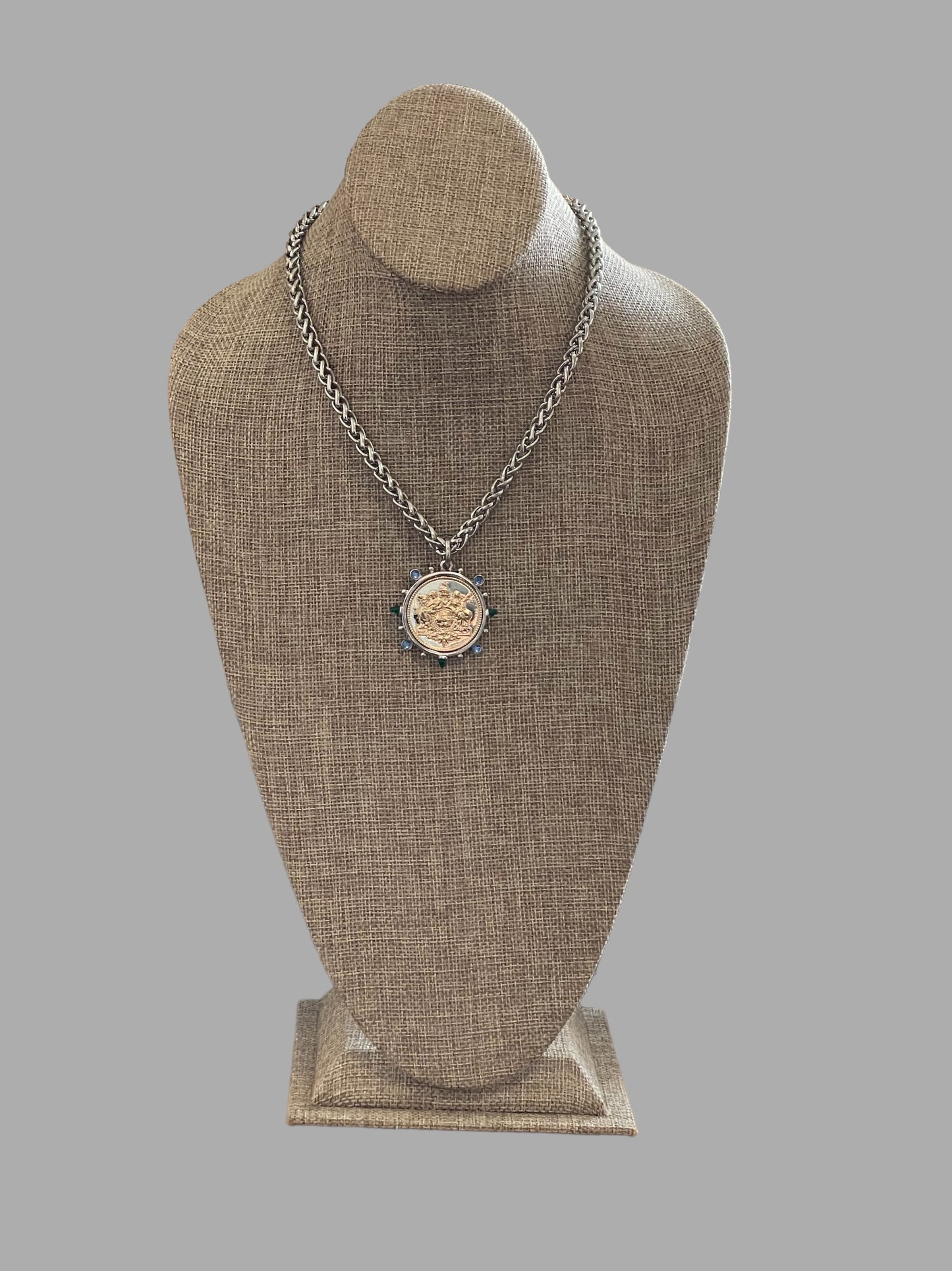 Le Monde Necklace: Rhodium Silver Wheat Chain with Silver & Gold French Replica Coin Pendant