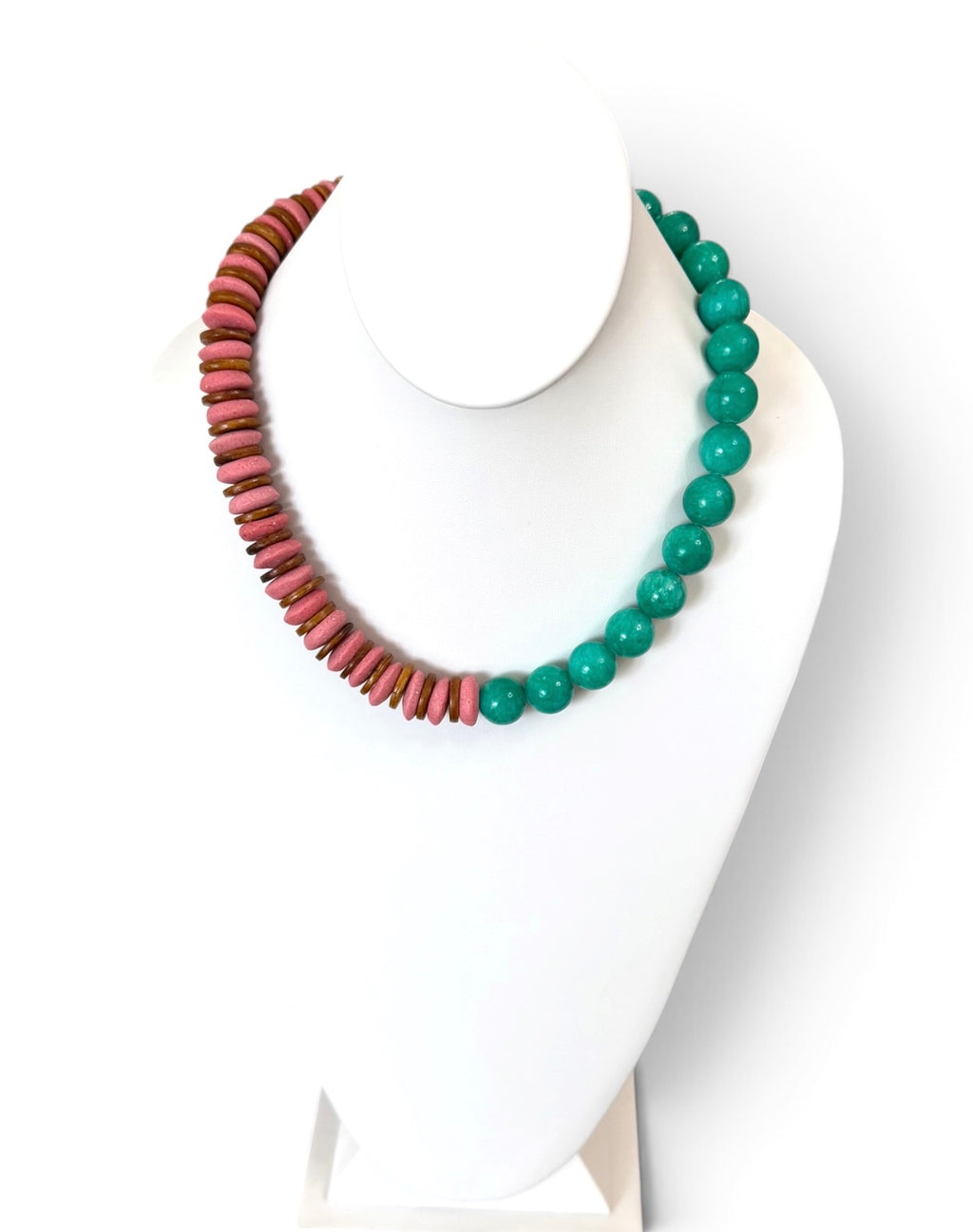 Freshly Picked Necklace: Ashanti glass, wood and Jade with a gold pavé clasp
