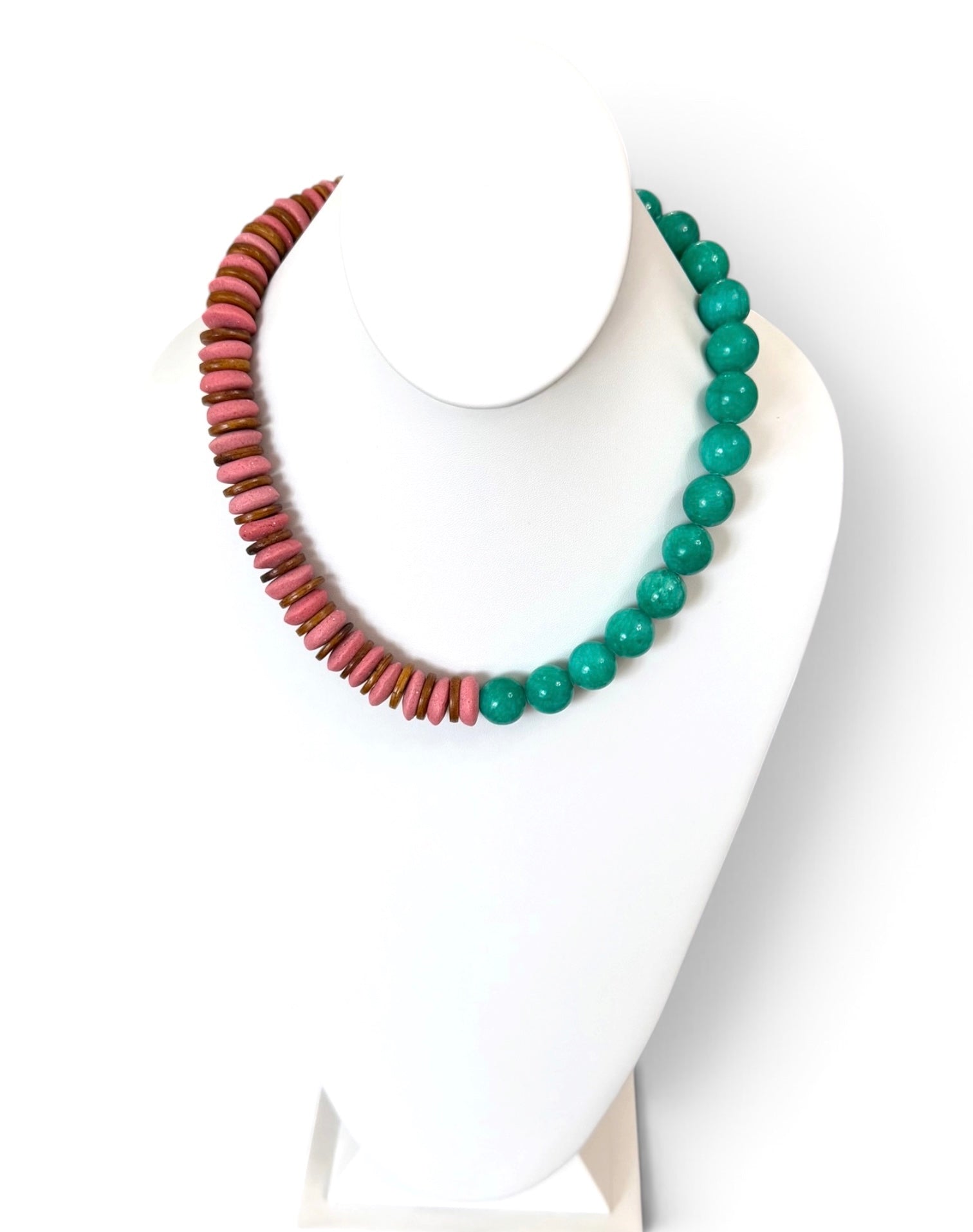Freshly Picked Necklace: Ashanti glass, wood and Jade with a gold pavé clasp