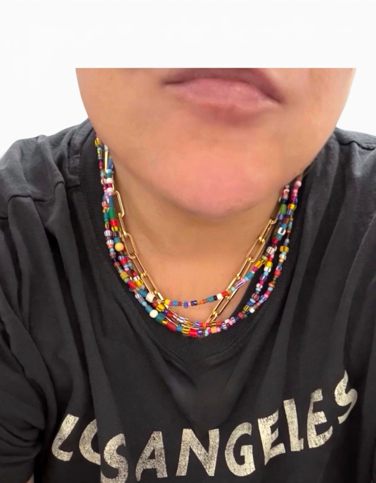 Serendipity Necklace: Mixed glass & Ceramic beads Gold clasp