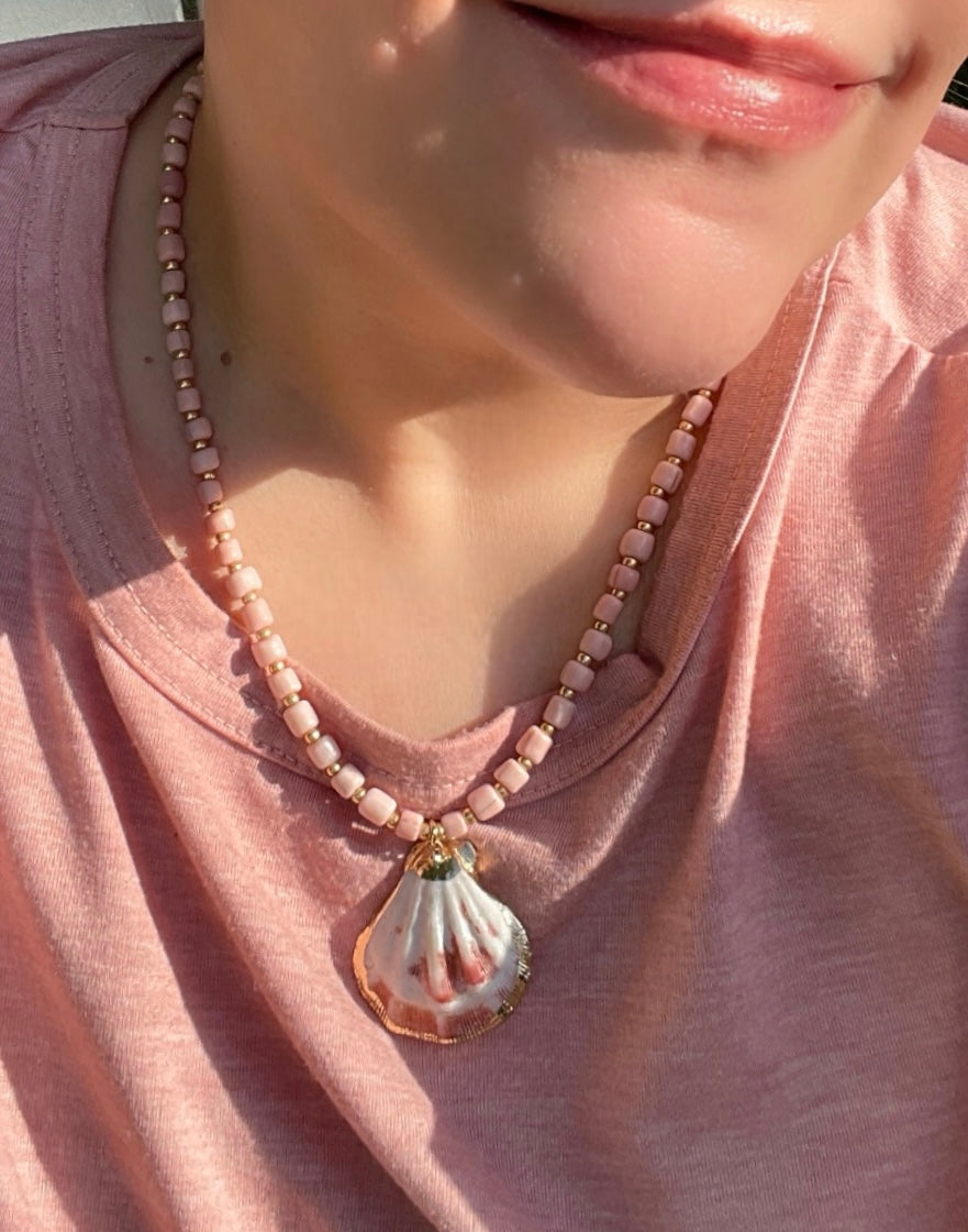 Blushing at the Beach: Blush Pink Glass Beads w Gold Glass Accent Beads and a Natural Seashell Pendant