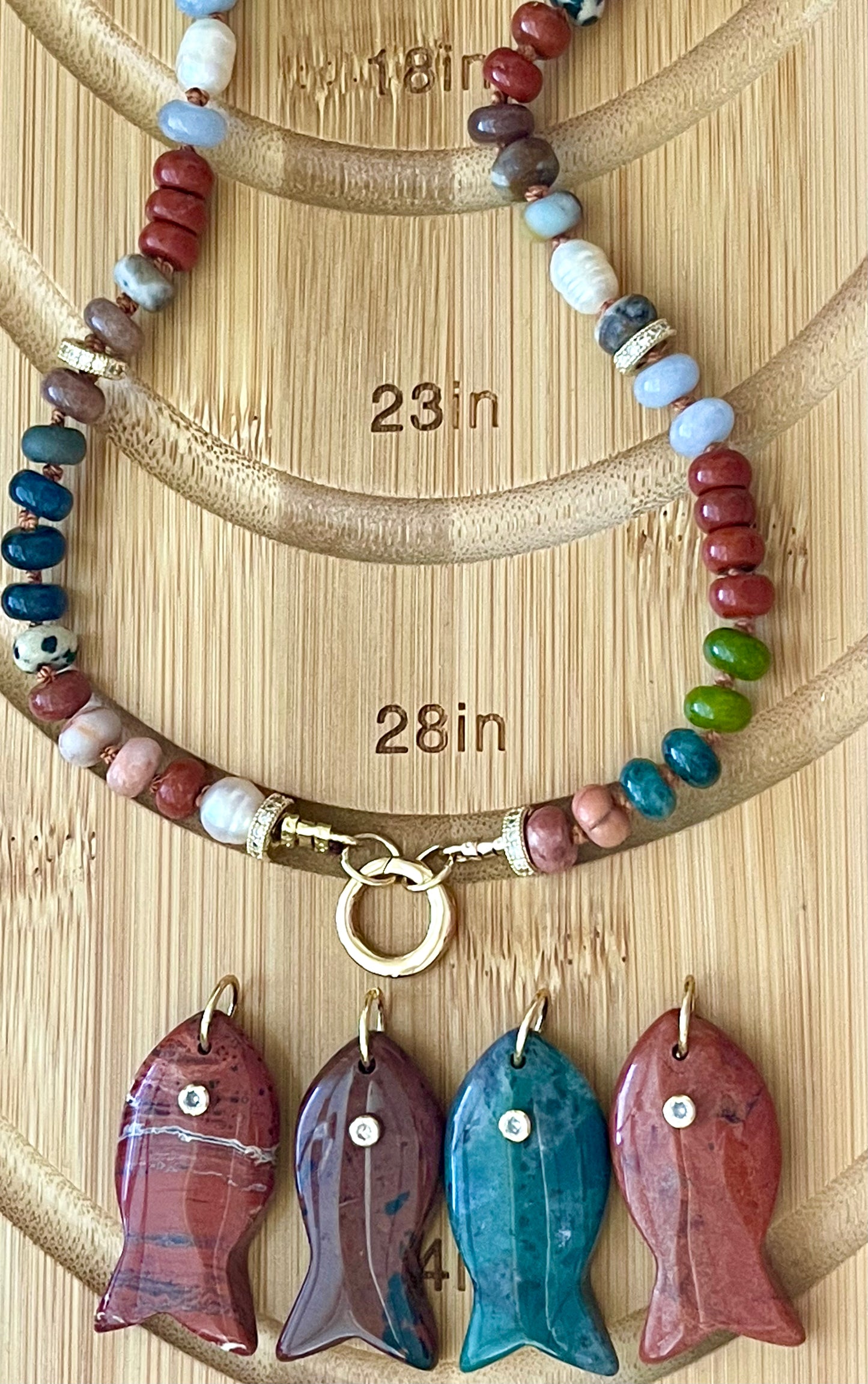 Reel Beauty 🎣 Mixed Gemstone necklace with Gold accents Gemstone fish pendant 4 options
