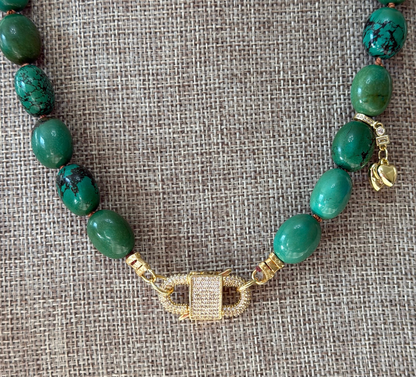 The Verdura: Green Turquoise beads Handknotted on warm brown silk Gold Pavé Clasp & Charms