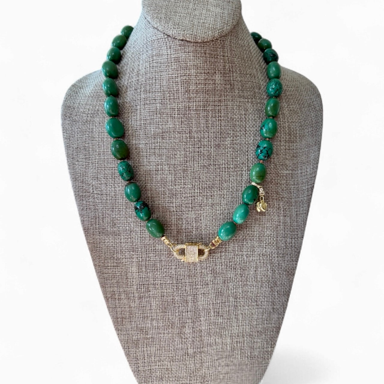 The Verdura: Green Turquoise beads Handknotted on warm brown silk Gold Pavé Clasp & Charms