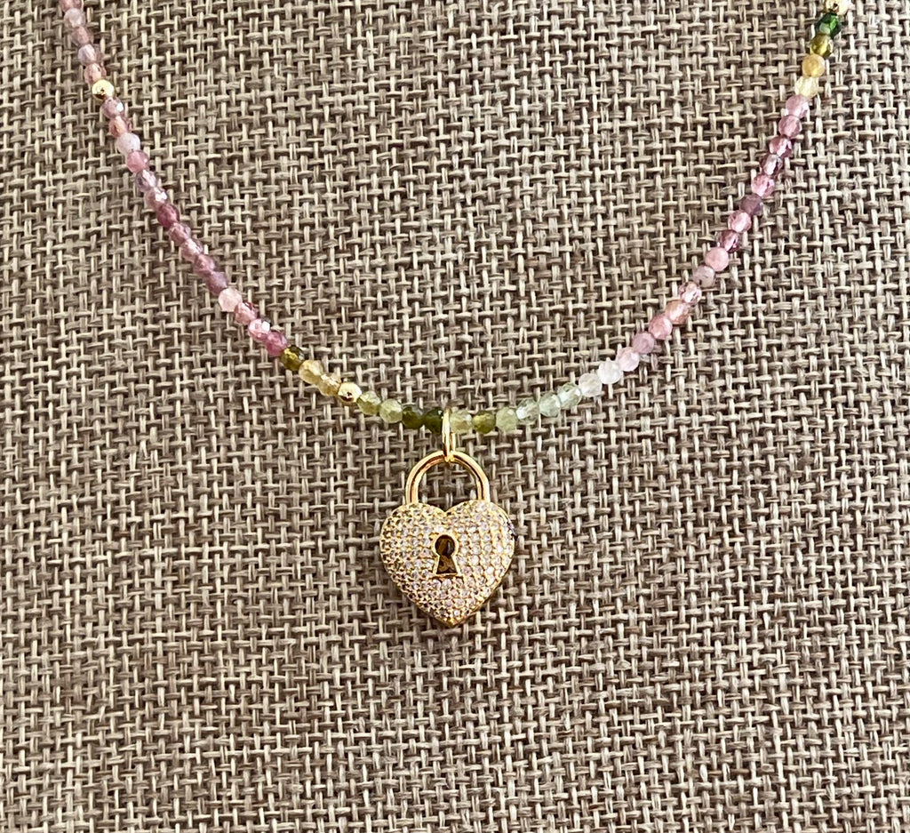 Tourmaline Padlock Necklace: Multi-Color Tourmaline Beads w Gold Accents Wear 3 Ways!