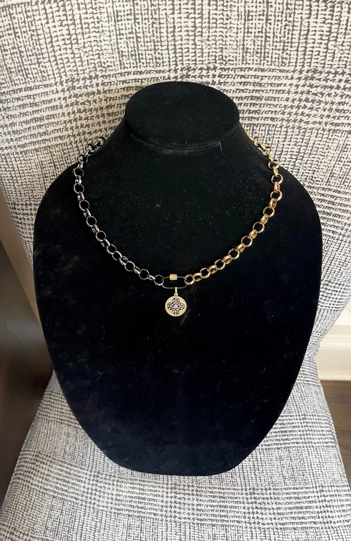 Clover Flower Necklace: Deep Gunmetal and Gold Rolo chain with black carabiner sporting a pavé charm OOAK