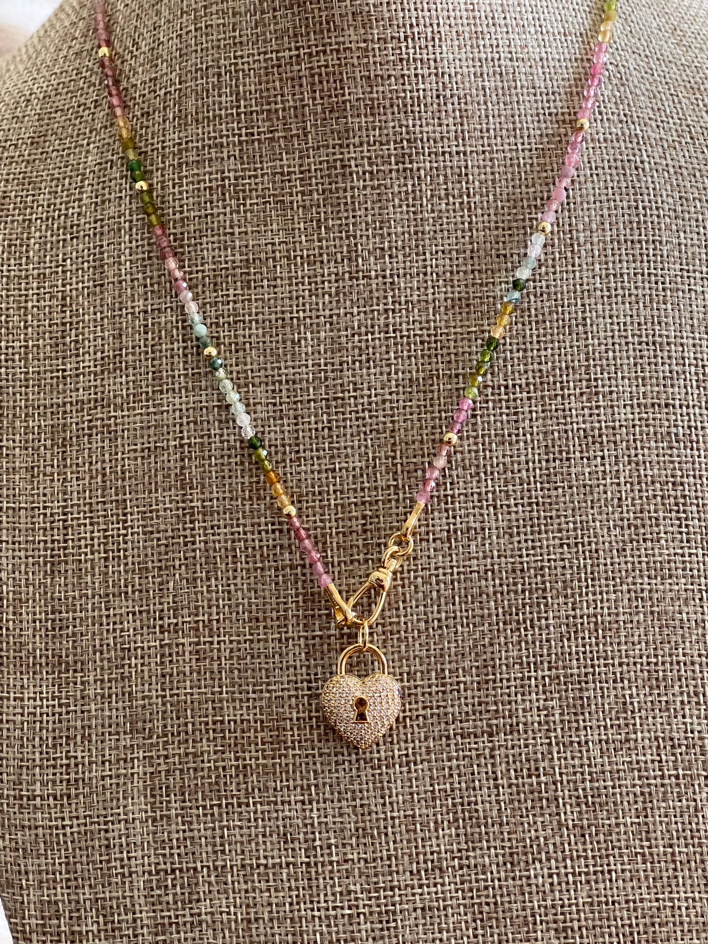 Tourmaline Padlock Necklace: Multi-Color Tourmaline Beads w Gold Accents Wear 3 Ways!