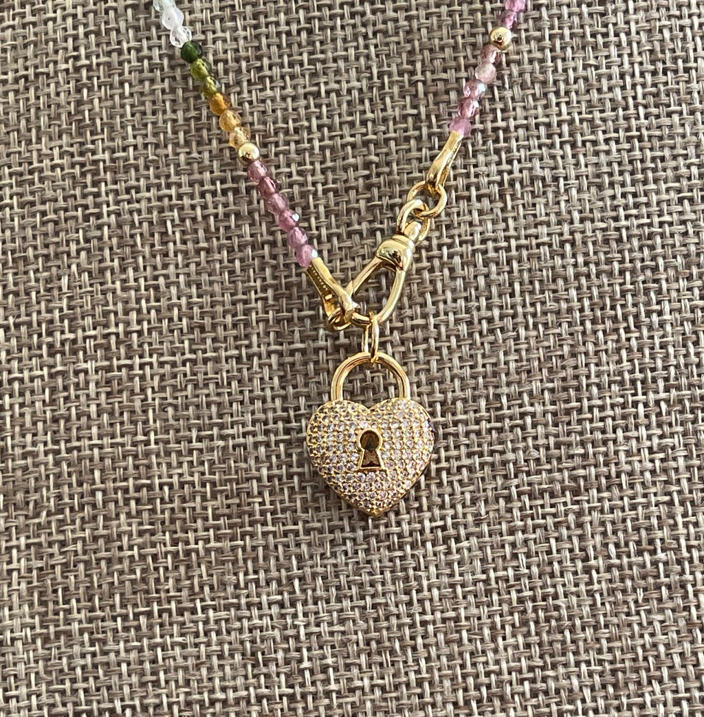 Tourmaline Padlock Necklace: Multi-Color Tourmaline Beads w Gold Accents Wear 3 Ways!