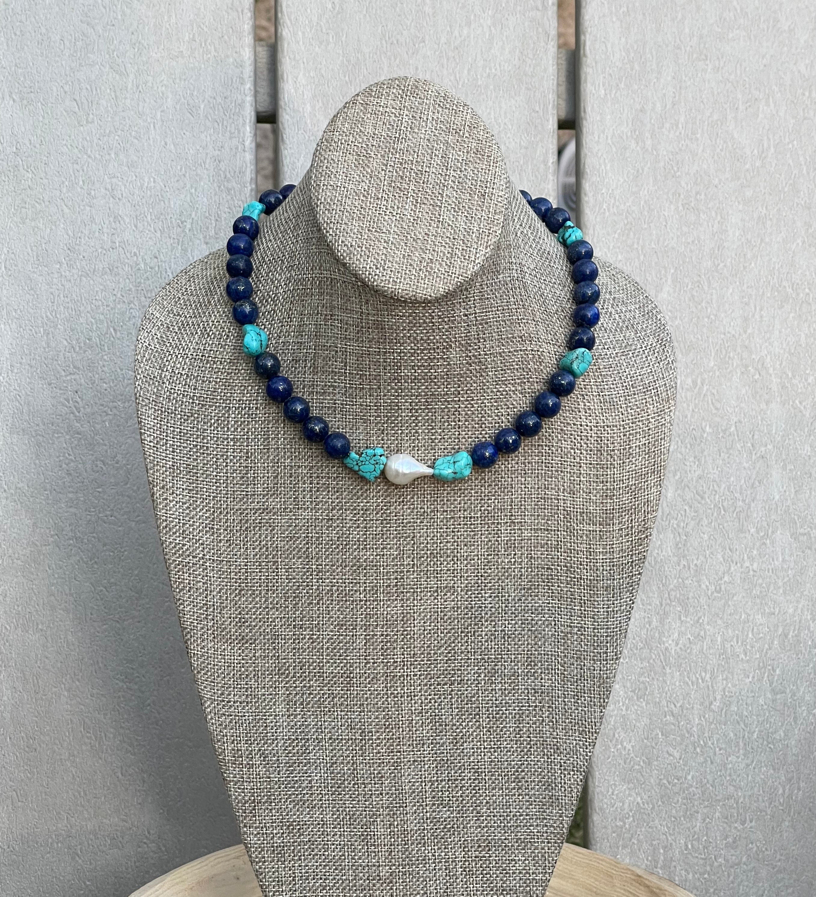 Deep Sea Muse: AAA quality Lapis Lazuli beads with Turquoise and a freshwater baroque pearl center OOAK