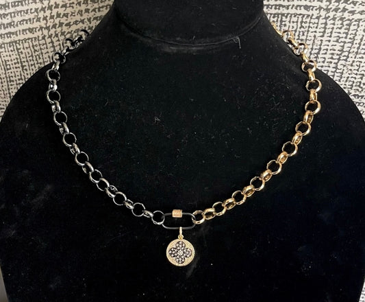 Clover Flower Necklace: Deep Gunmetal and Gold Rolo chain with black carabiner sporting a pavé charm OOAK