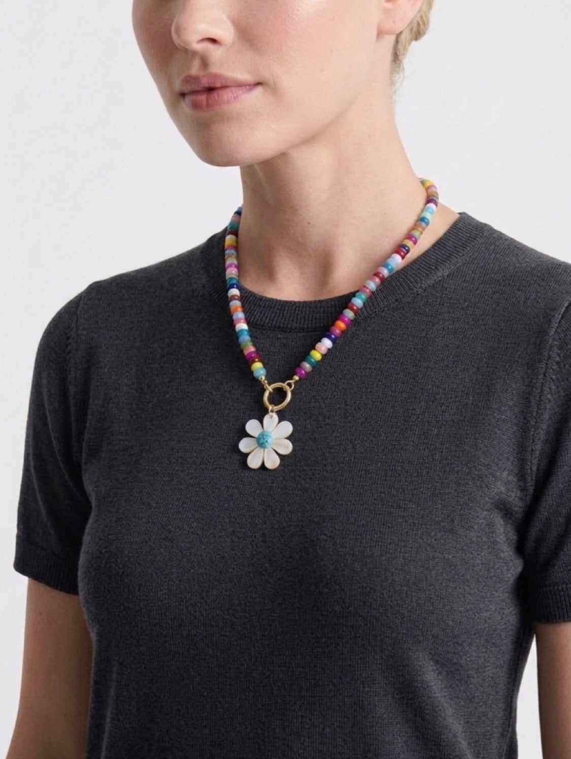 Happy Bloom Necklace: Mixed Gemstones & Glass beads Mother of Pearl Pendant