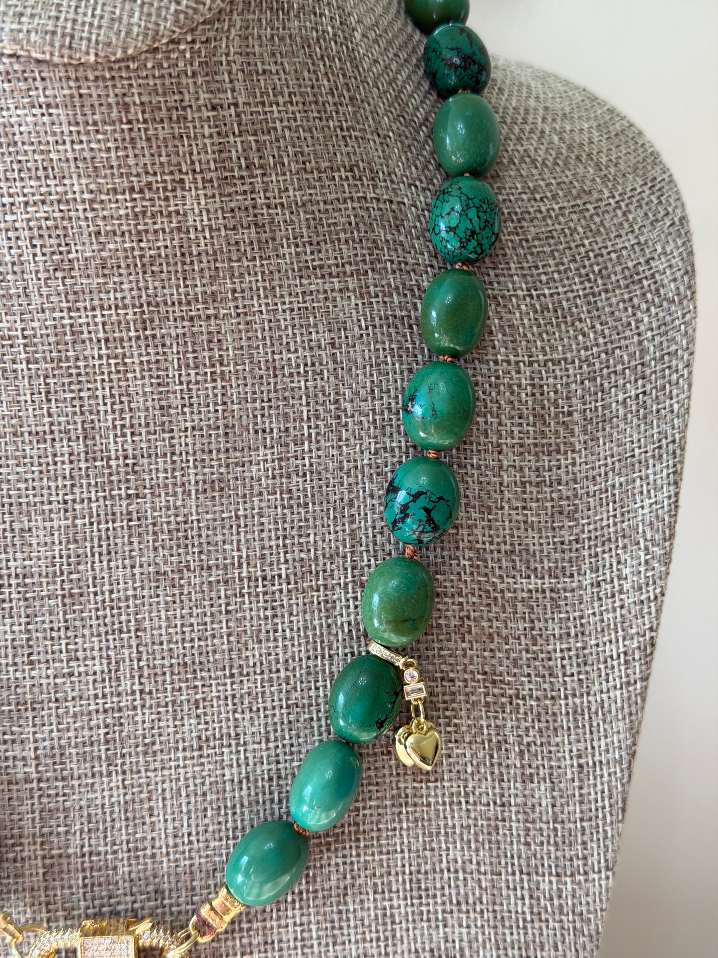 The Verdura: Green Turquoise beads Handknotted on warm brown silk Gold Pavé Clasp & Charms