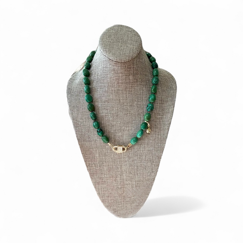 The Verdura: Green Turquoise beads Handknotted on warm brown silk Gold Pavé Clasp & Charms