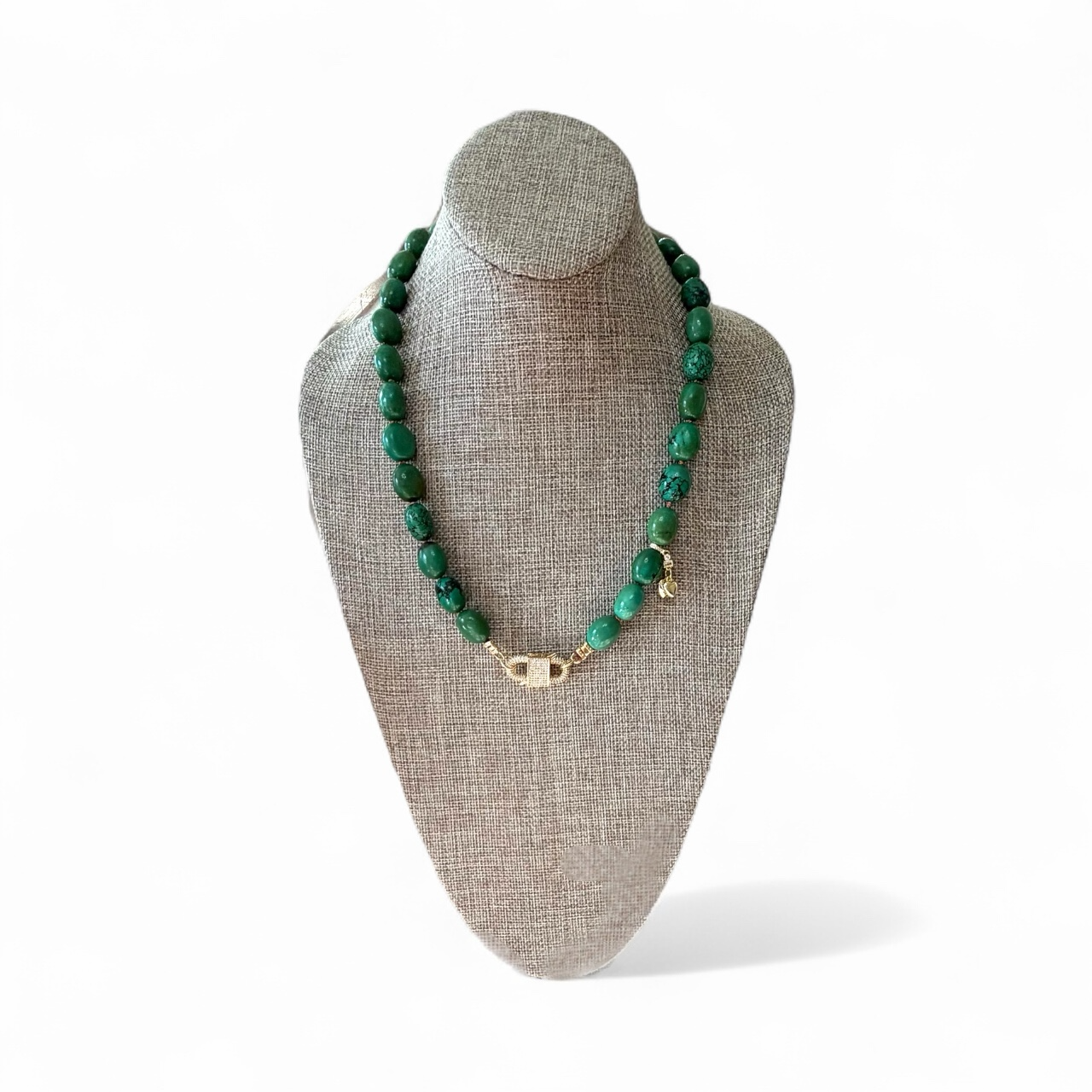The Verdura: Green Turquoise beads Handknotted on warm brown silk Gold Pavé Clasp & Charms