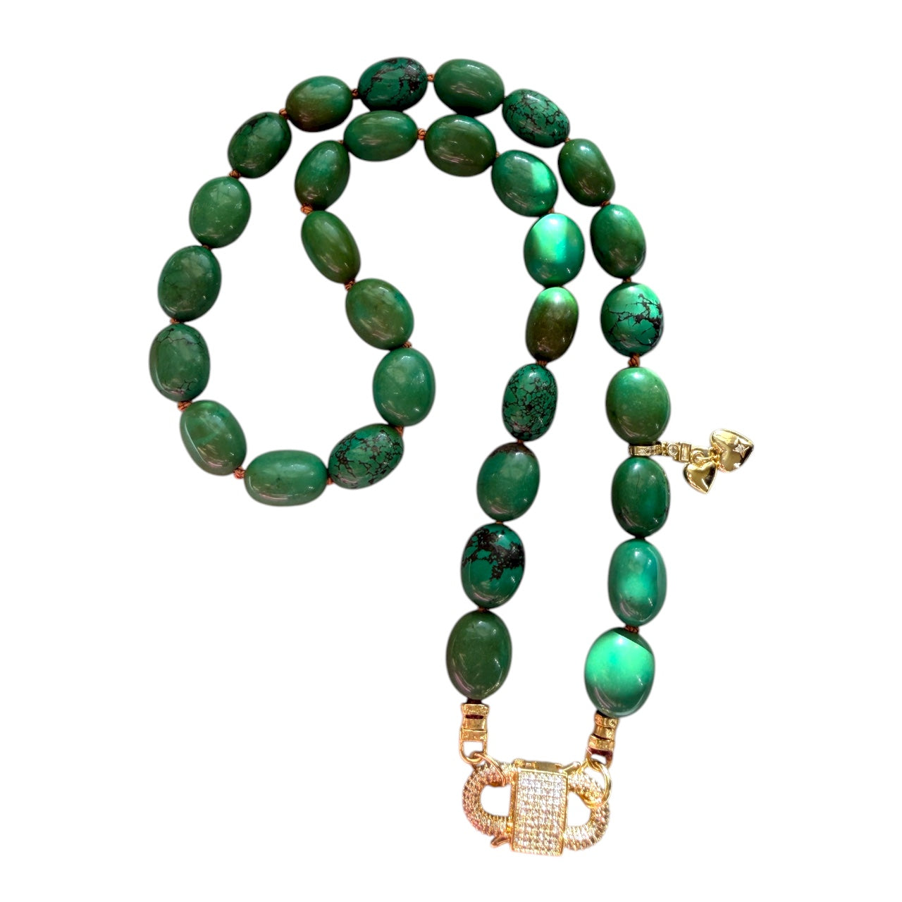 The Verdura: Green Turquoise beads Handknotted on warm brown silk Gold Pavé Clasp & Charms