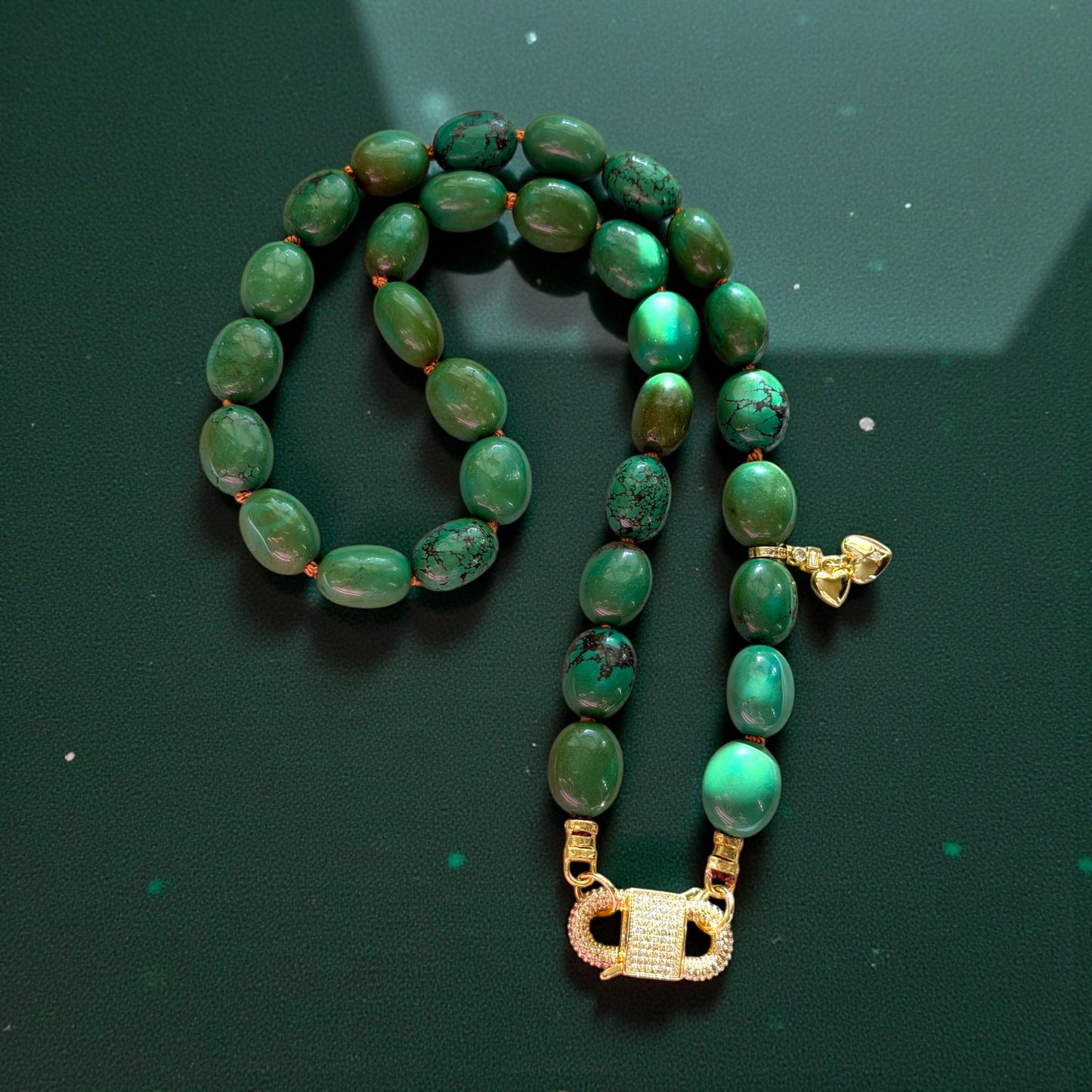 The Verdura: Green Turquoise beads Handknotted on warm brown silk Gold Pavé Clasp & Charms
