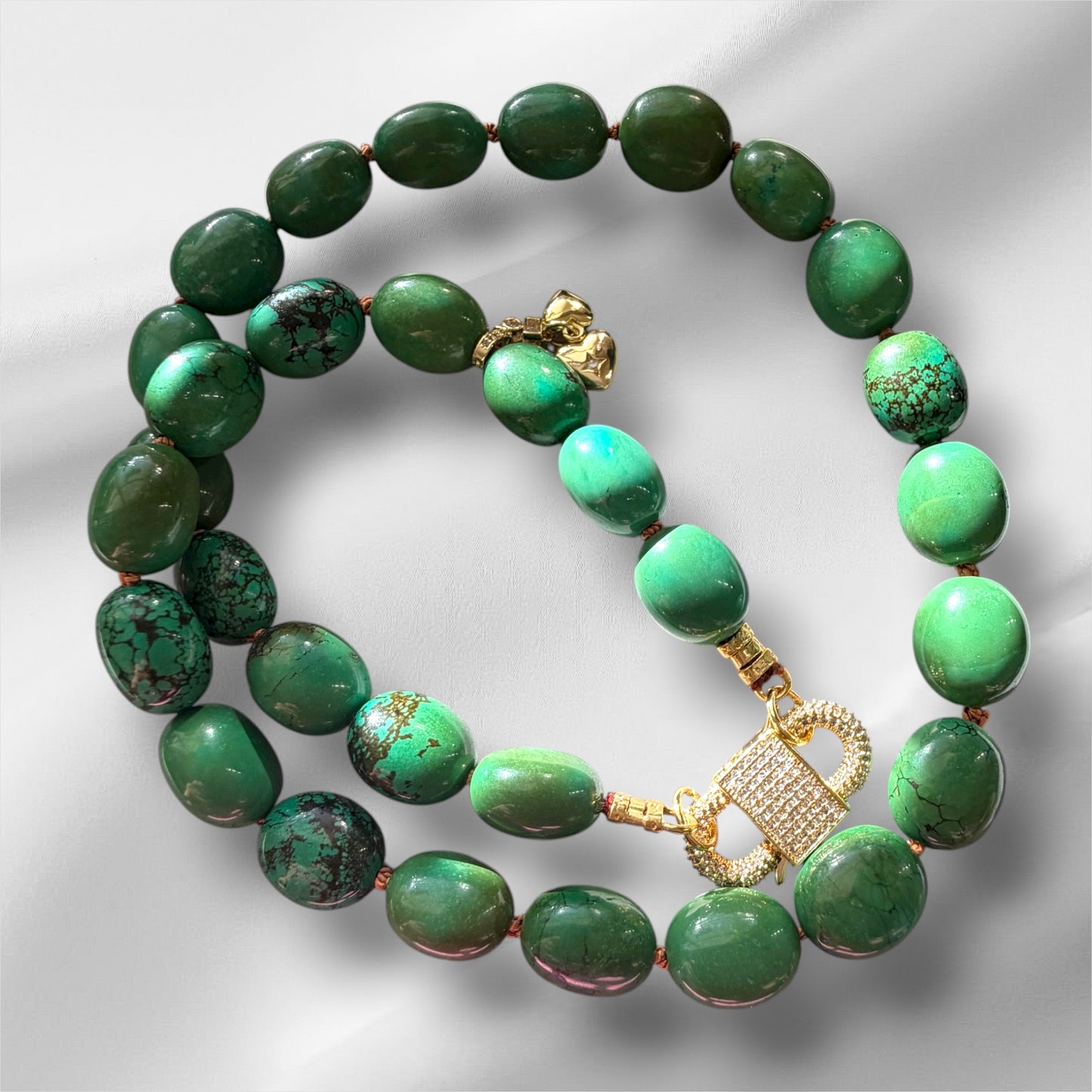 The Verdura: Green Turquoise beads Handknotted on warm brown silk Gold Pavé Clasp & Charms
