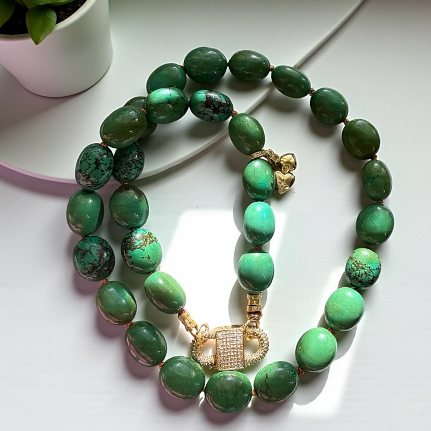 The Verdura: Green Turquoise beads Handknotted on warm brown silk Gold Pavé Clasp & Charms