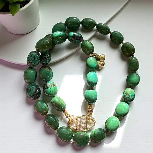 The Verdura: Green Turquoise beads Handknotted on warm brown silk Gold Pavé Clasp & Charms