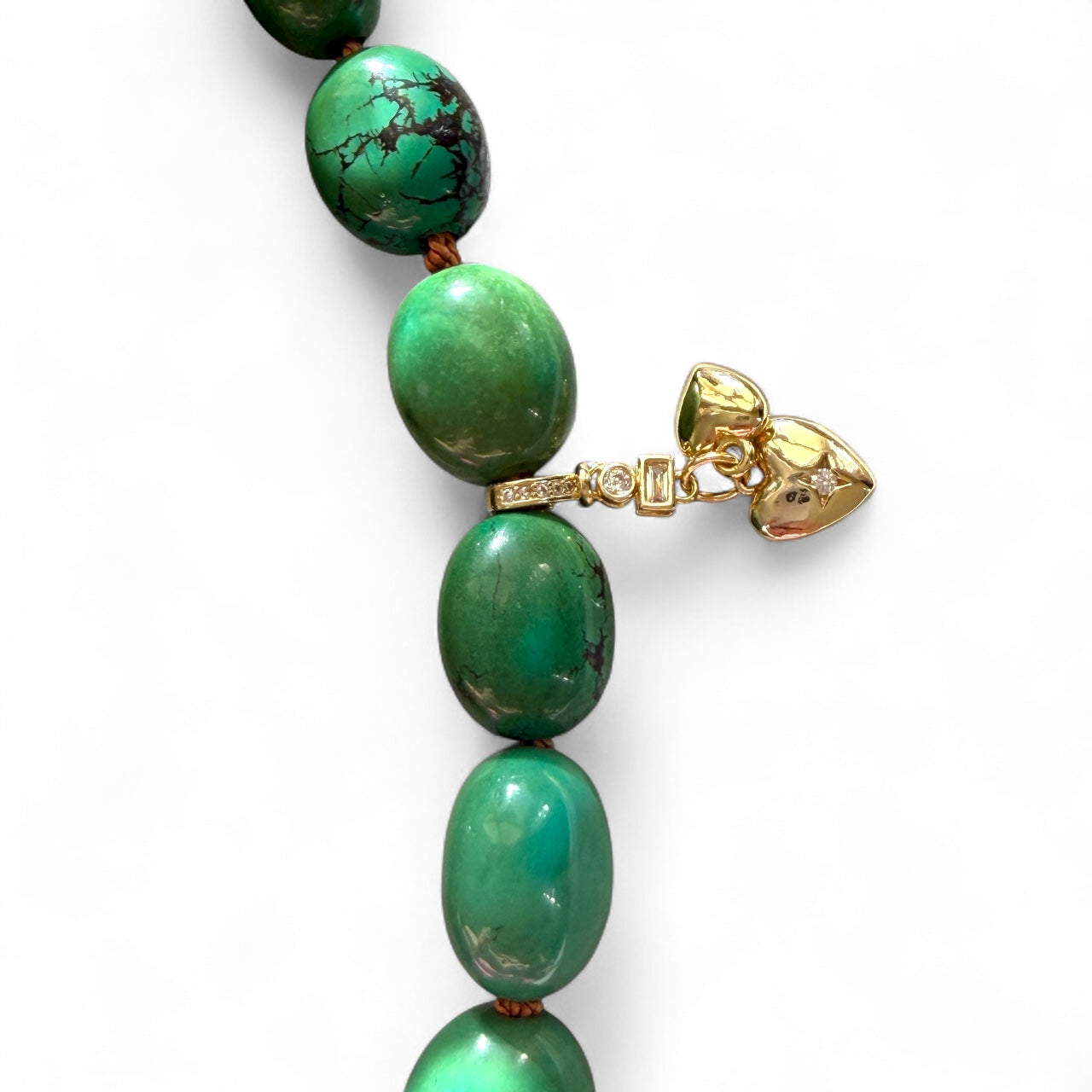 The Verdura: Green Turquoise beads Handknotted on warm brown silk Gold Pavé Clasp & Charms