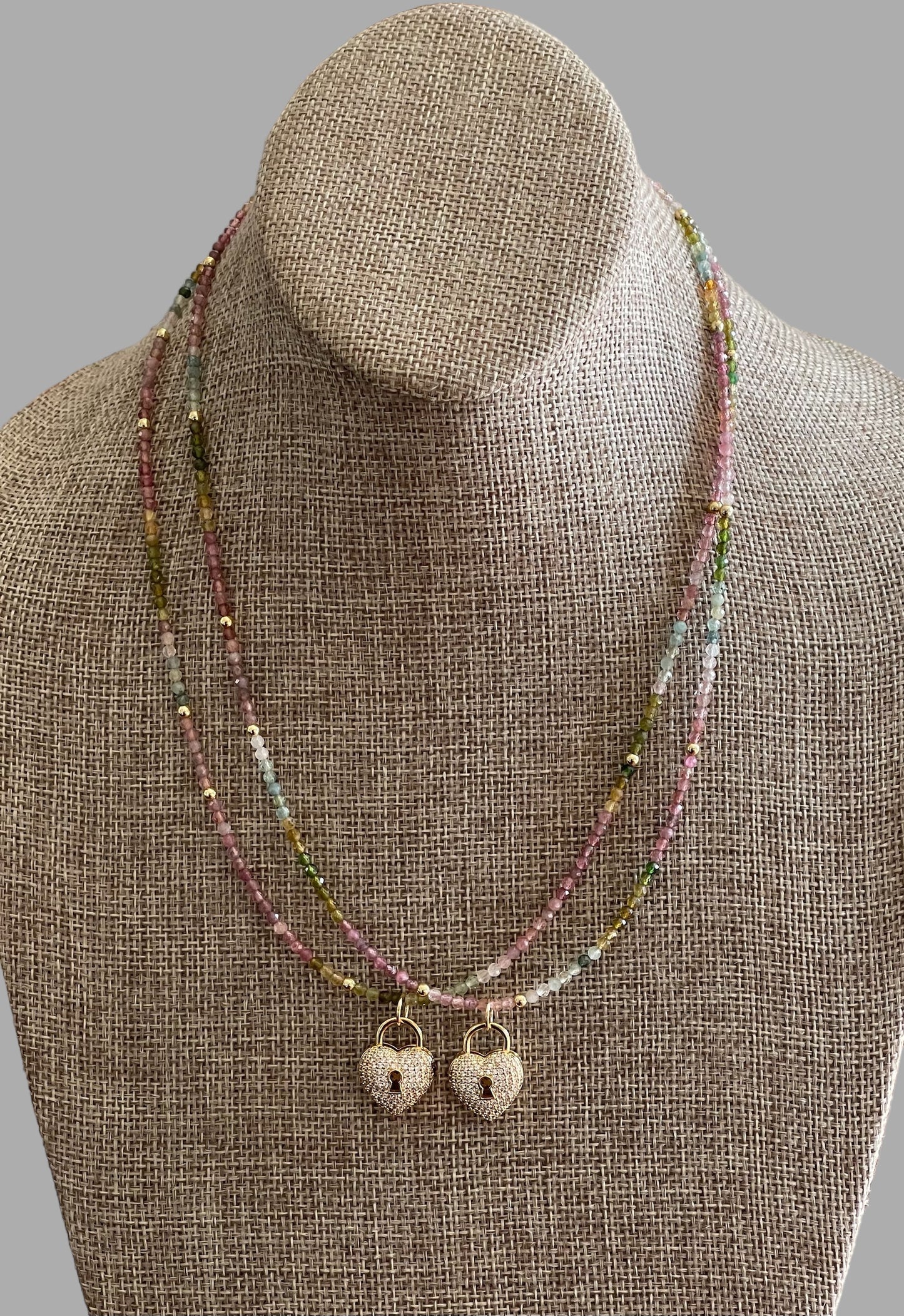 Tourmaline Padlock Necklace: Multi-Color Tourmaline Beads w Gold Accents Wear 3 Ways!