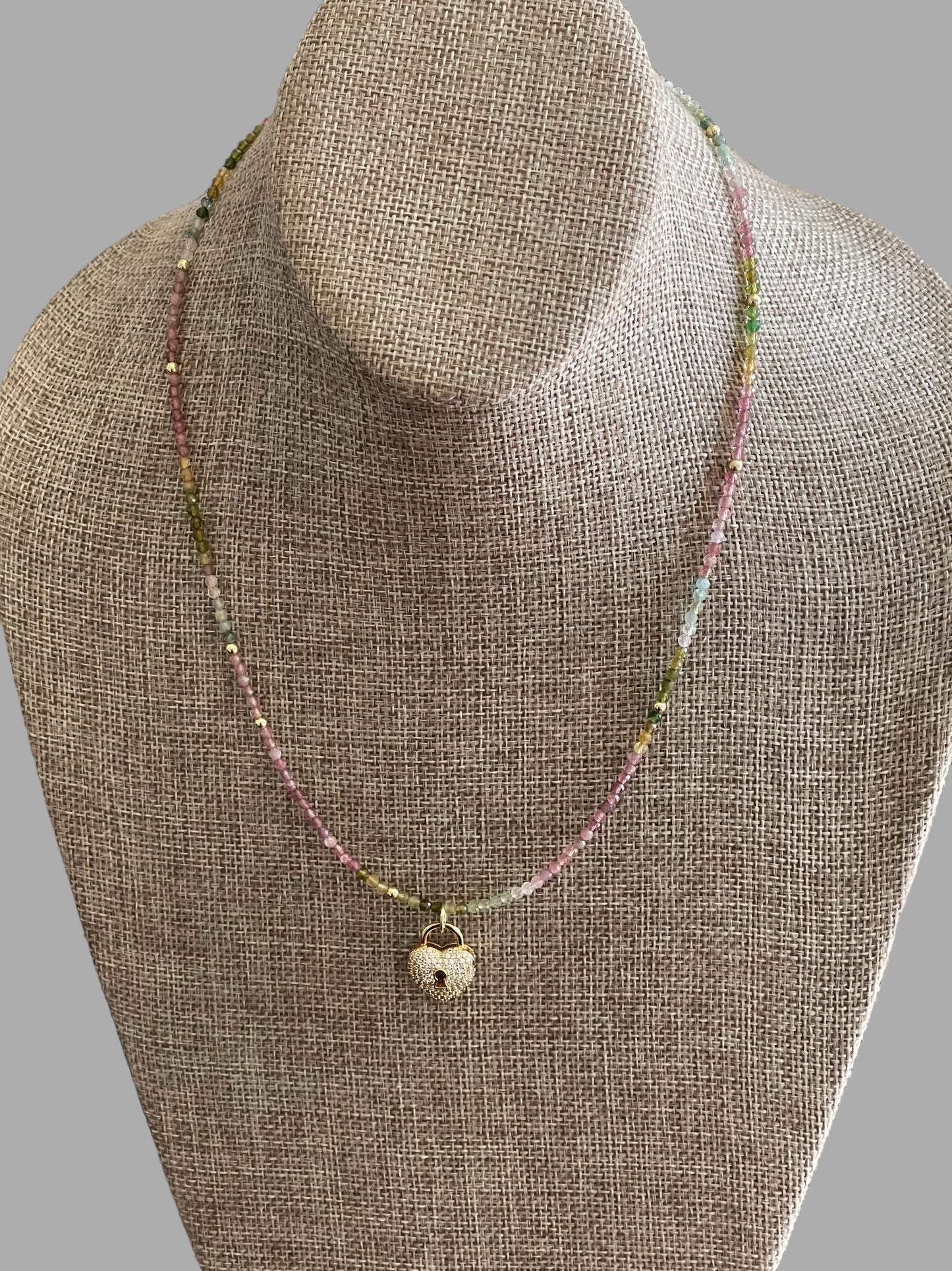 Tourmaline Padlock Necklace: Multi-Color Tourmaline Beads w Gold Accents Wear 3 Ways!