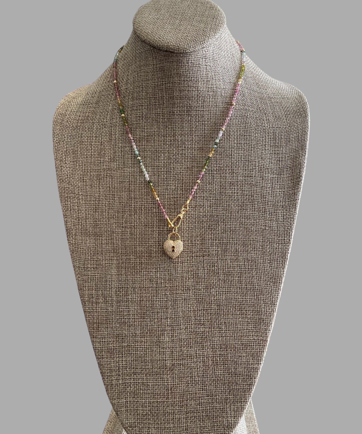 Tourmaline Padlock Necklace: Multi-Color Tourmaline Beads w Gold Accents Wear 3 Ways!