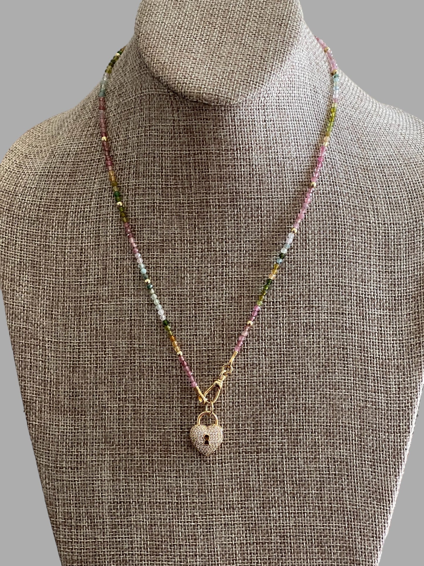 Tourmaline Padlock Necklace: Multi-Color Tourmaline Beads w Gold Accents Wear 3 Ways!