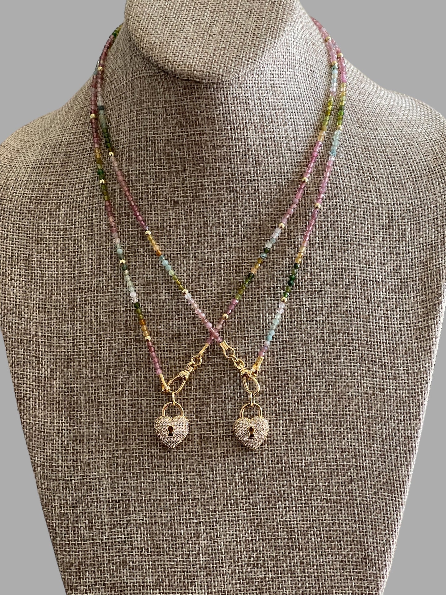 Tourmaline Padlock Necklace: Multi-Color Tourmaline Beads w Gold Accents Wear 3 Ways!