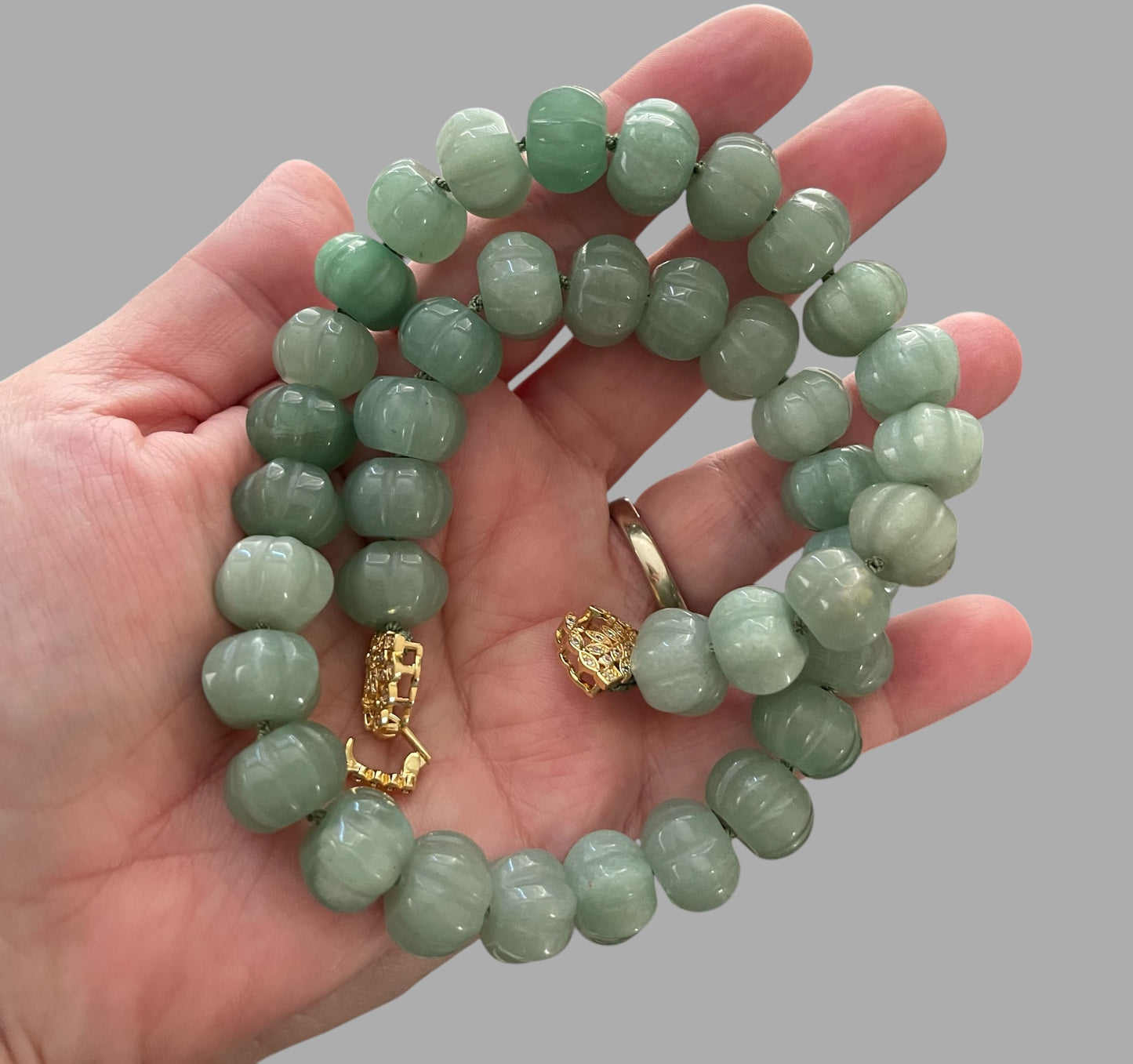 Sage Serenade Necklace OOAK: Sage green hand carved gemstones Hand-knotted on silk