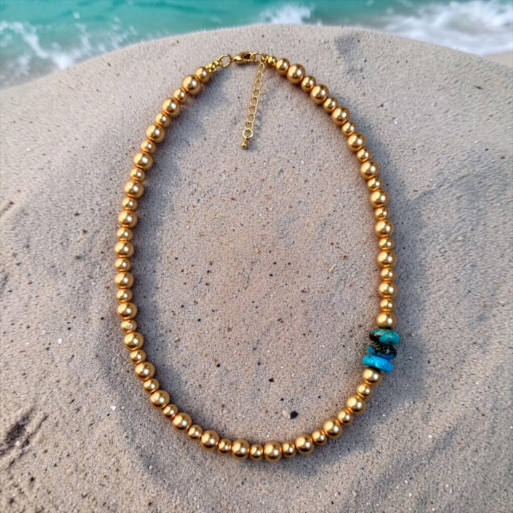 Golden Cove Necklace: Matte golden Hematite beads with a pop of natural Turquoise OOAK