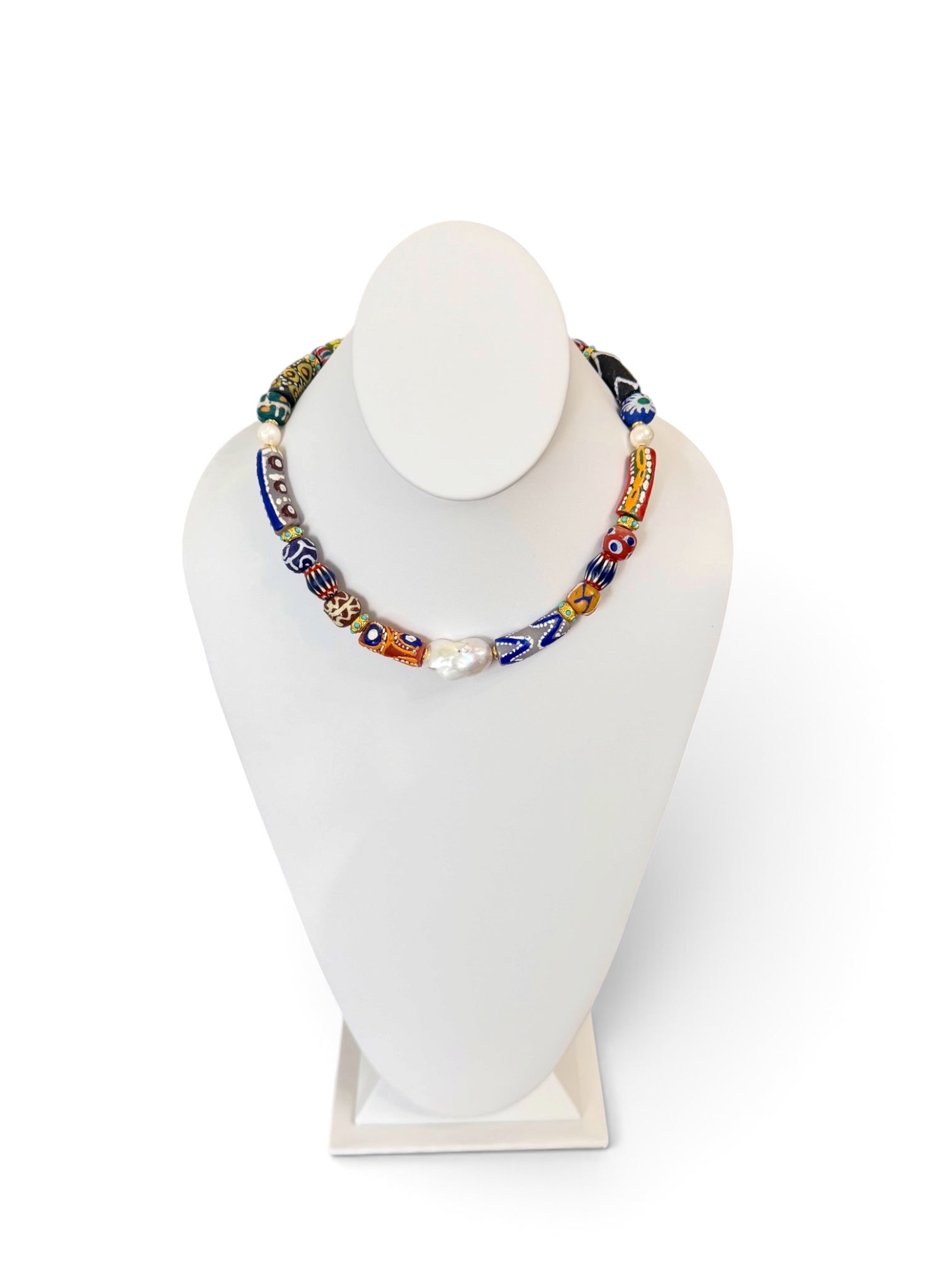 The Wanderer: Hand painted glass, Baroque pearls, gold accents OOAK