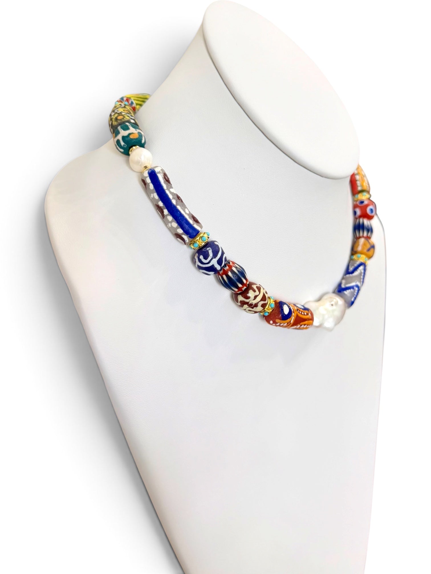 The Wanderer: Hand painted glass, Baroque pearls, gold accents OOAK