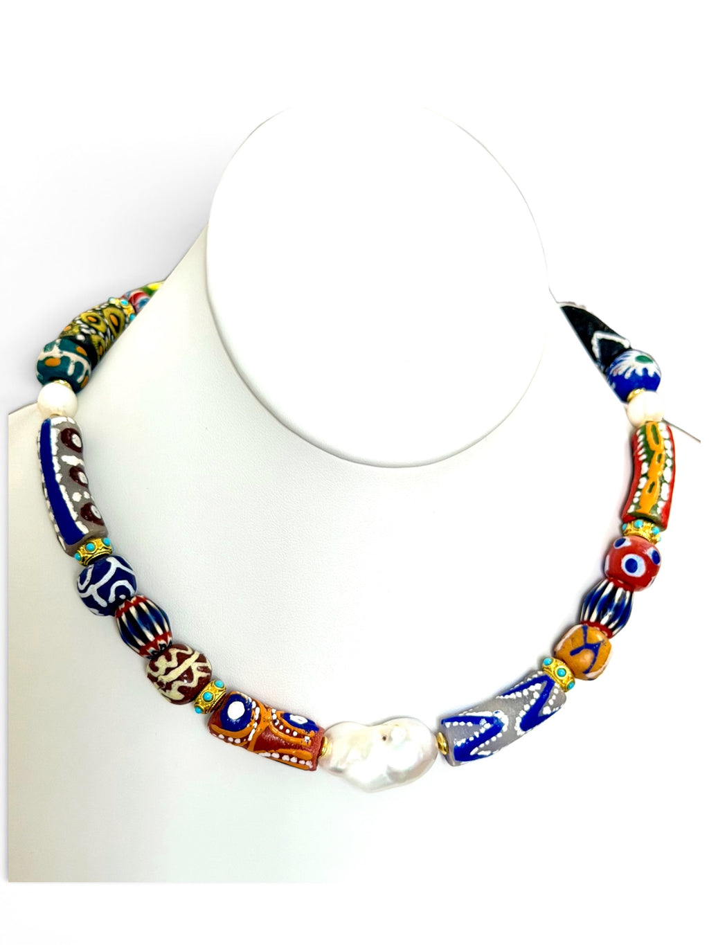 The Wanderer: Hand painted glass, Baroque pearls, gold accents OOAK