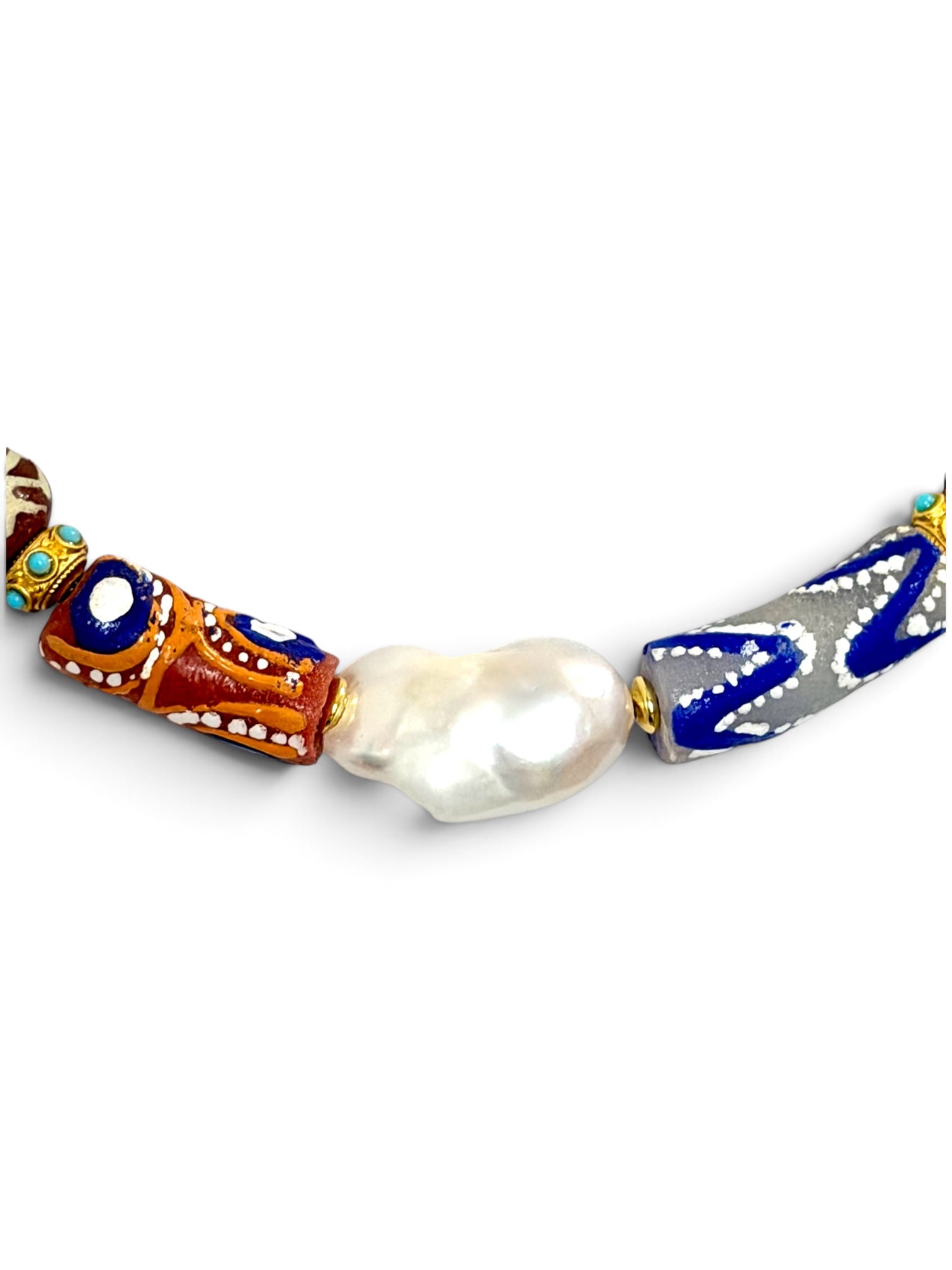 The Wanderer: Hand painted glass, Baroque pearls, gold accents OOAK
