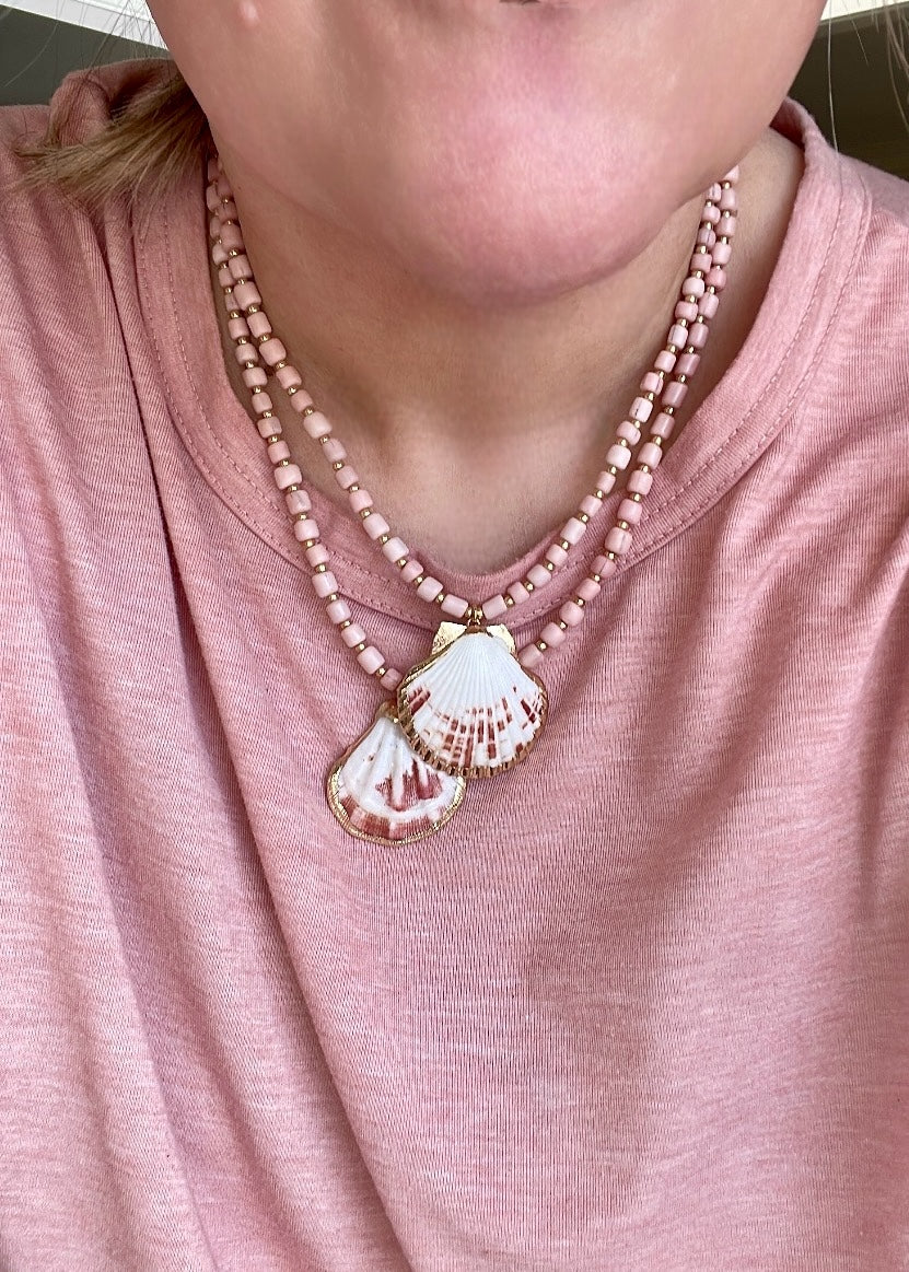 Blushing at the Beach: Blush Pink Glass Beads w Gold Glass Accent Beads and a Natural Seashell Pendant