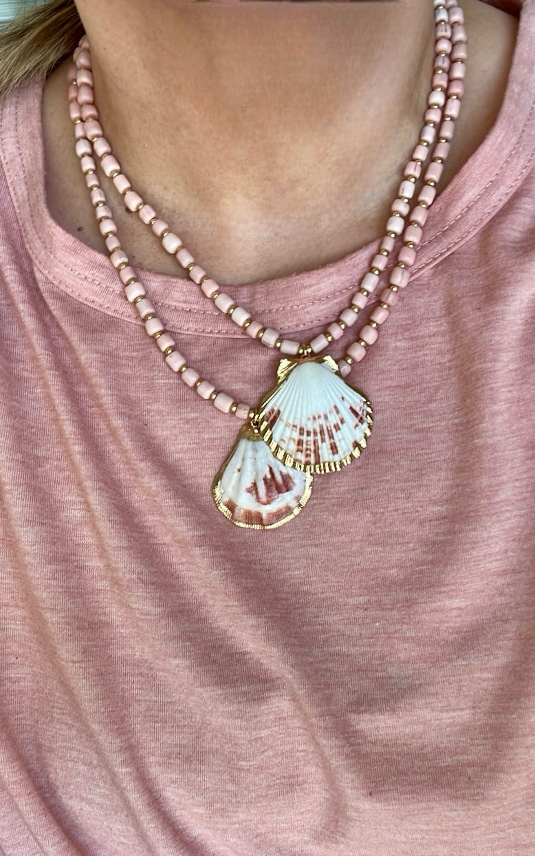 Blushing at the Beach: Blush Pink Glass Beads w Gold Glass Accent Beads and a Natural Seashell Pendant