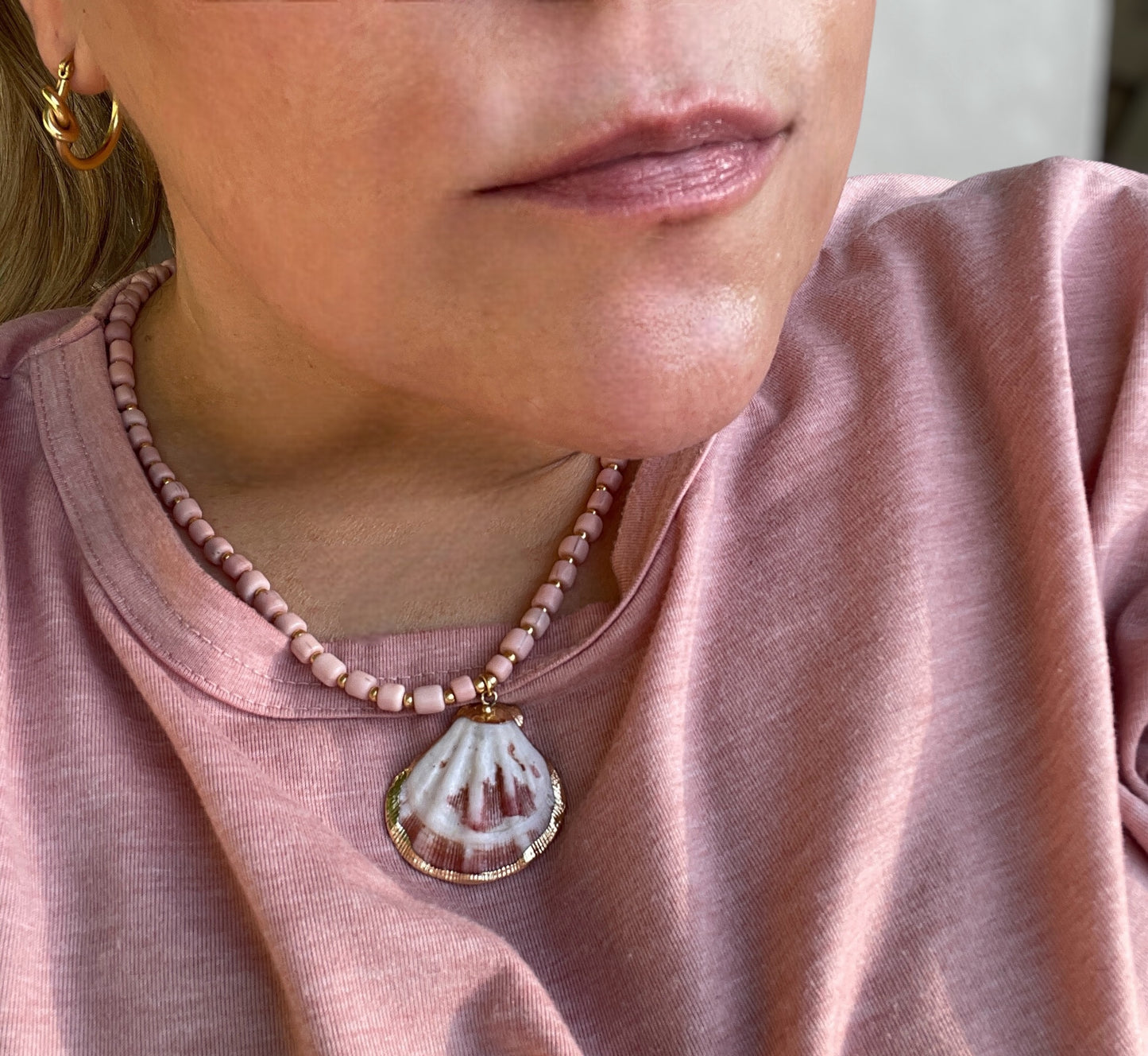 Blushing at the Beach: Blush Pink Glass Beads w Gold Glass Accent Beads and a Natural Seashell Pendant