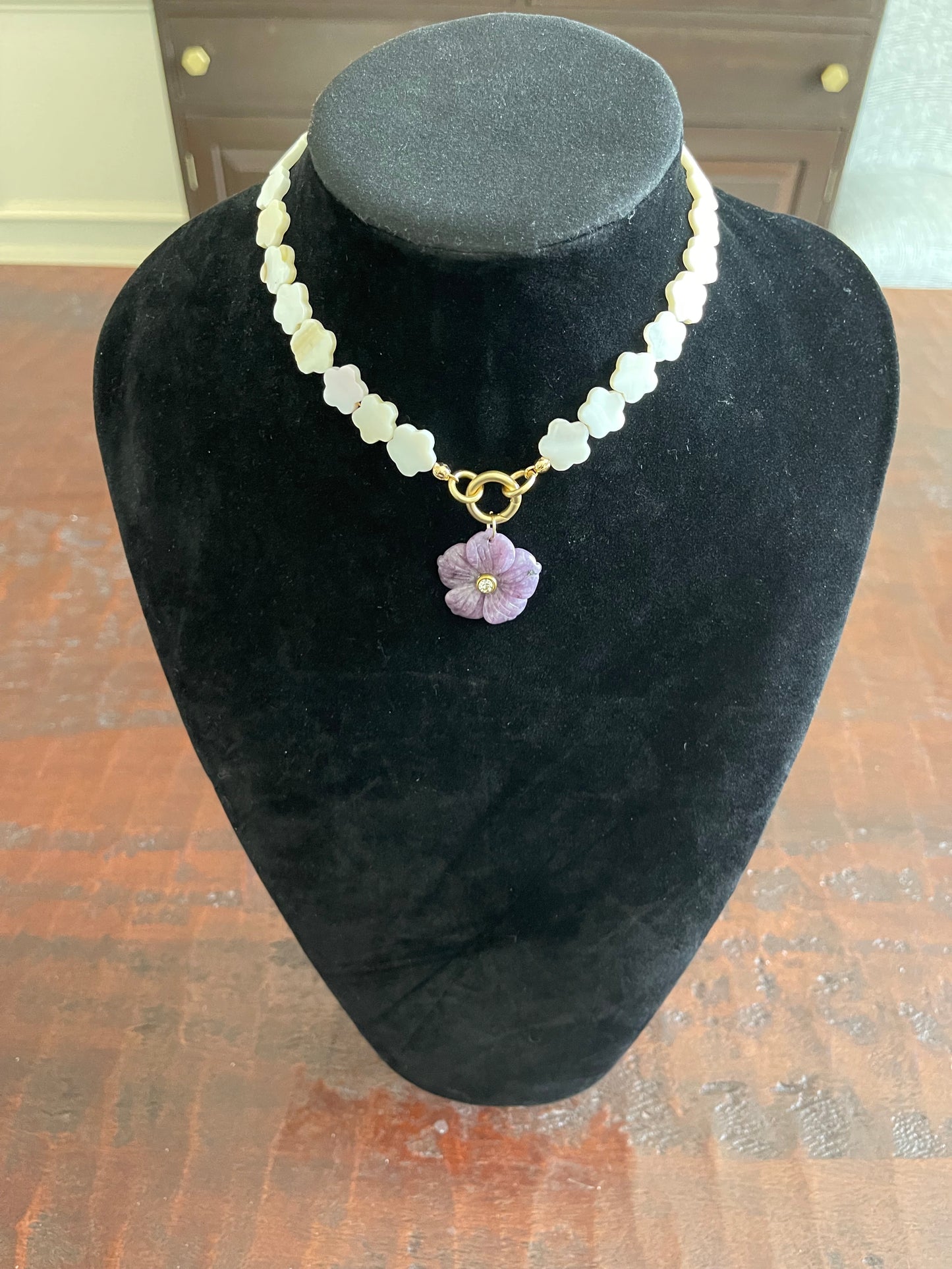 Lavender Flower Choker Necklace: Amethyst Gemstone Carved Flower Pendant on Flower MOP Shell Beads