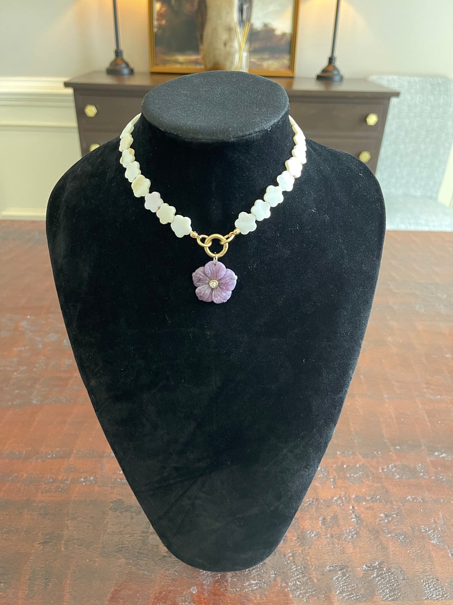 Lavender Flower Choker Necklace: Amethyst Gemstone Carved Flower Pendant on Flower MOP Shell Beads